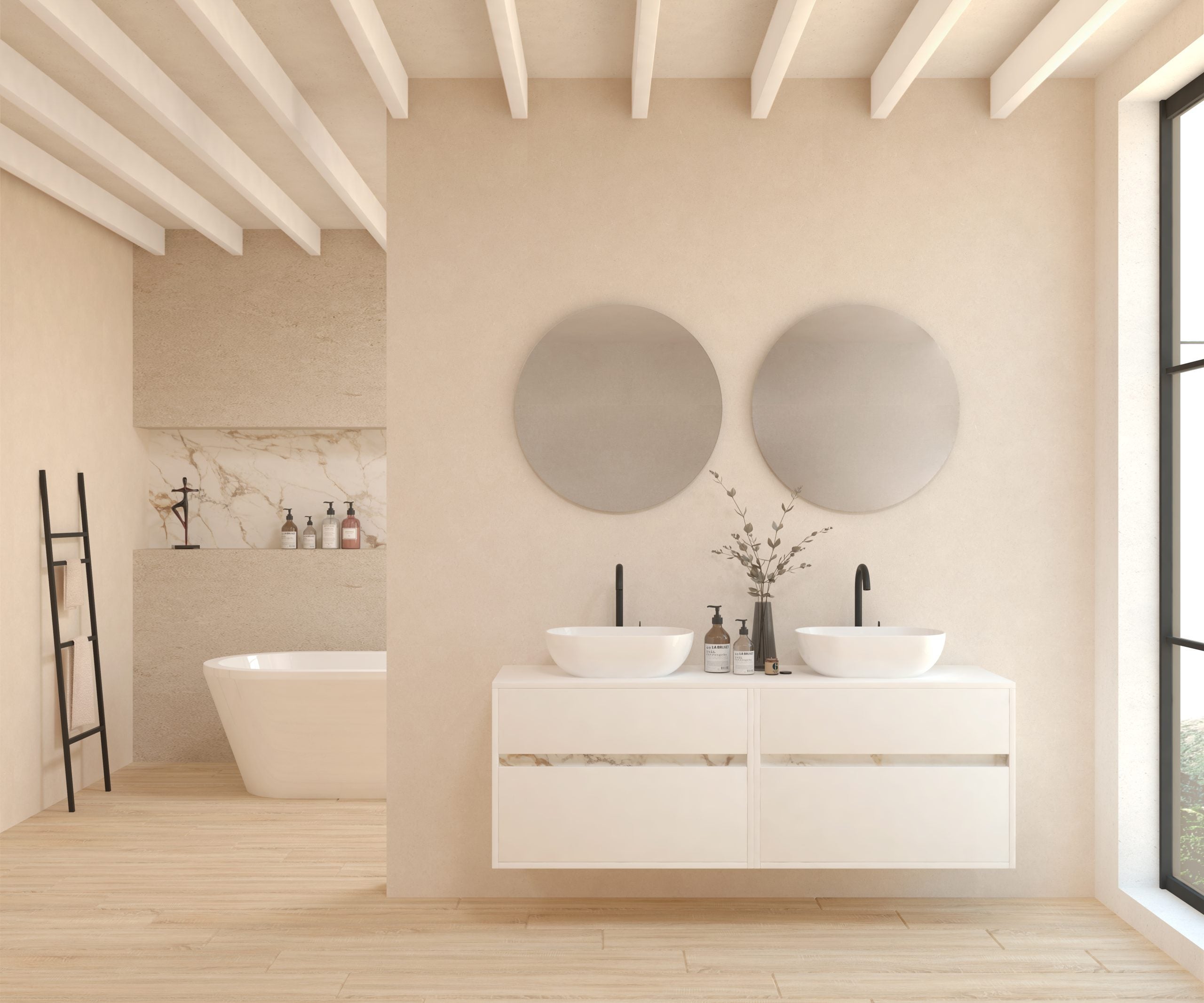 Emene pack con doble lavabo y doble espejo circular emboîté xtone calacatta - blanco mate 160 cm