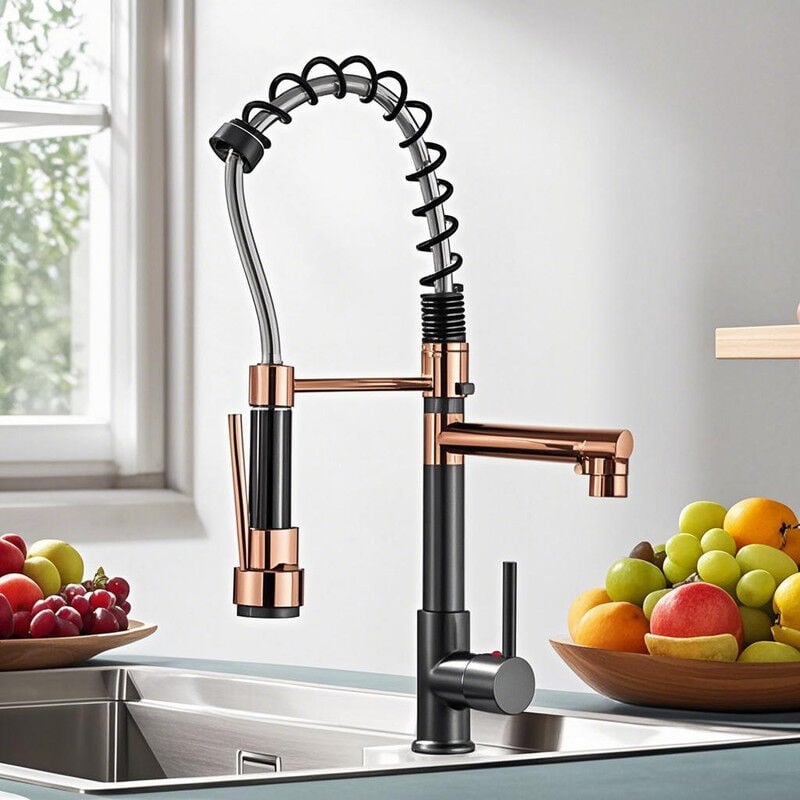 Bateria kuchenna z wyciąganą wylewką, bateria zlewozmywakowa, 2 funkcje, wylewka obrotowa 360°, różowe złoto