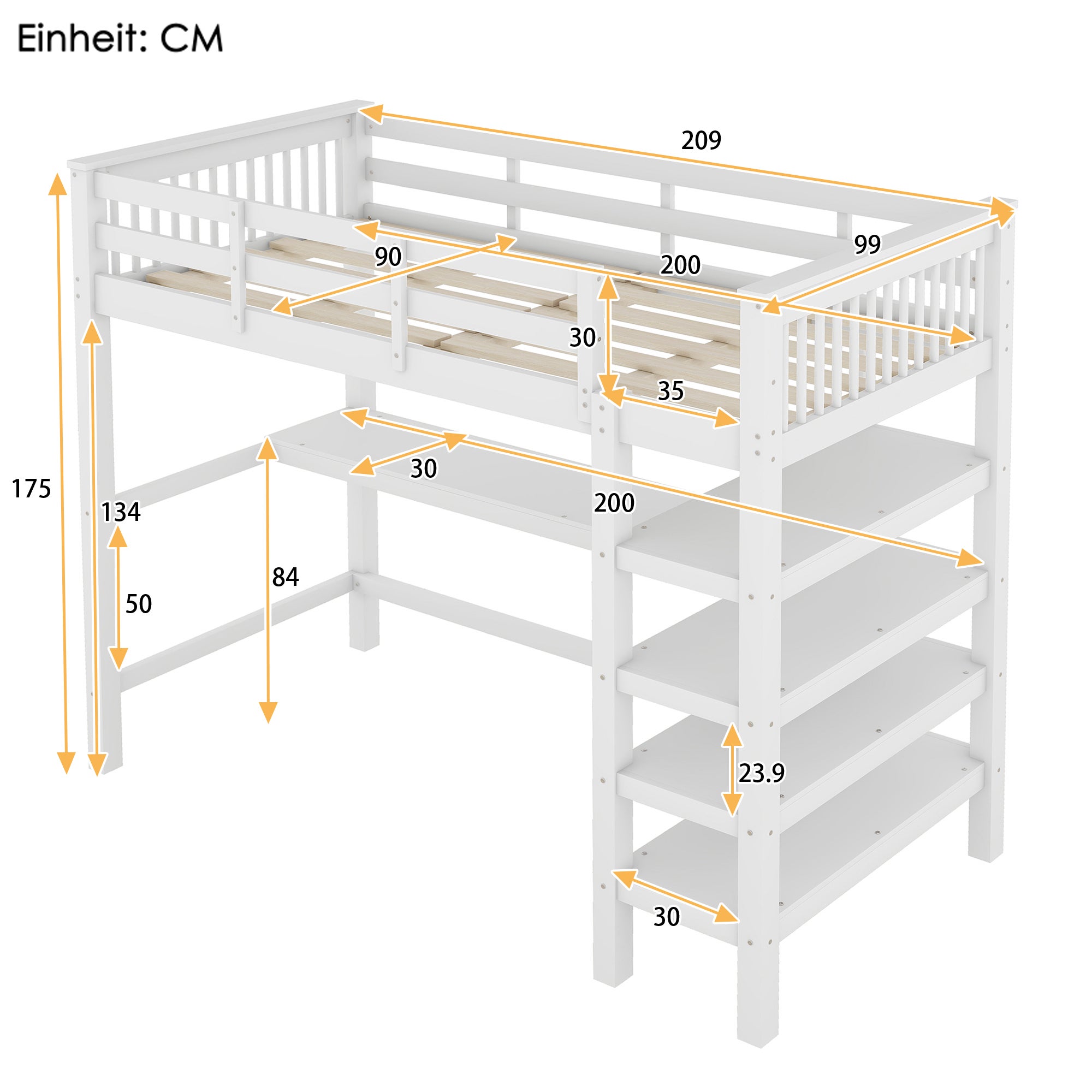 Cama alta 90 x 200 cm com secretária e prateleiras de arrumação - Madeira de pinho + MDF - Branco - 6