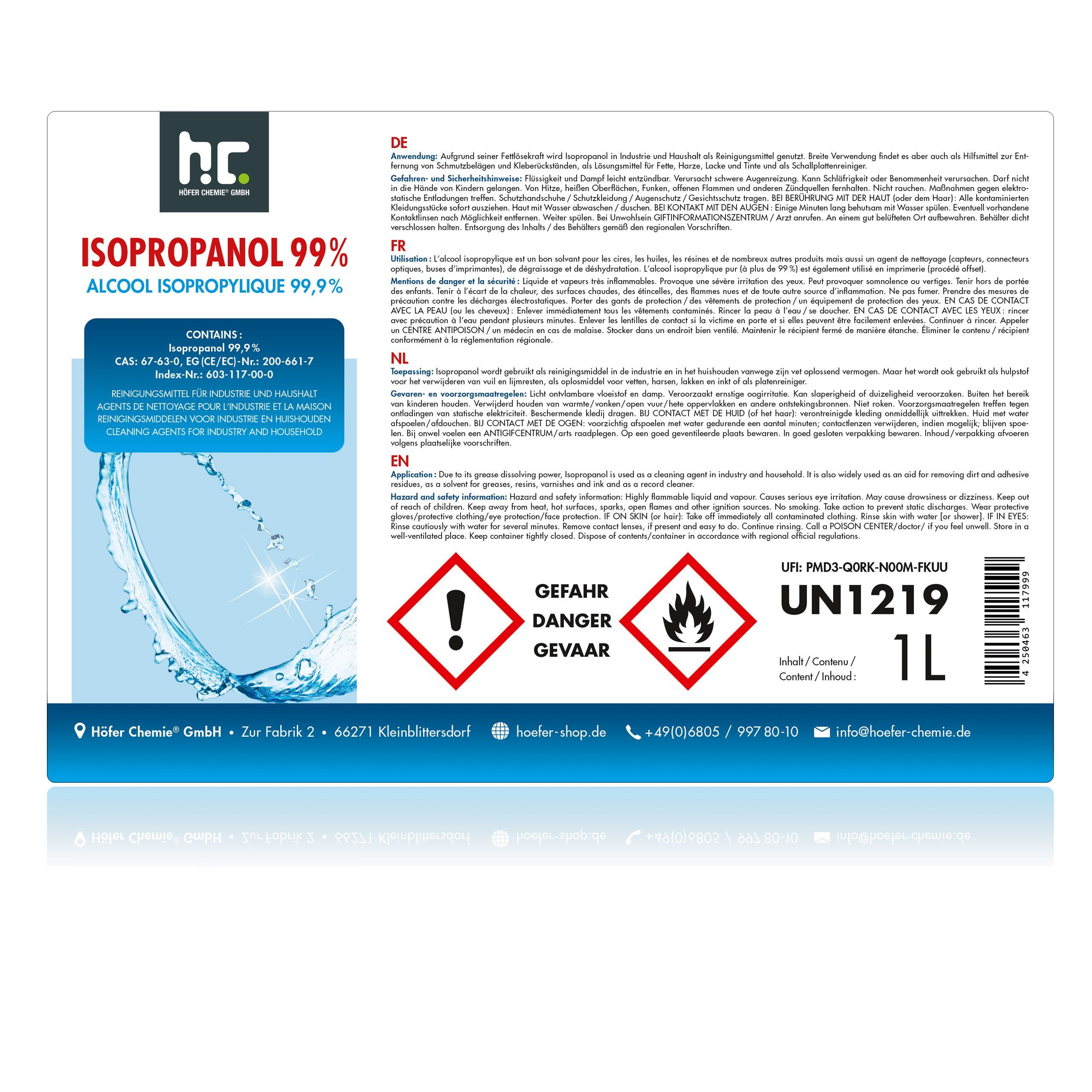 1 x Alcool isopropylique 99,9% Höfer Chemie® en bouteille de 1 L - 8