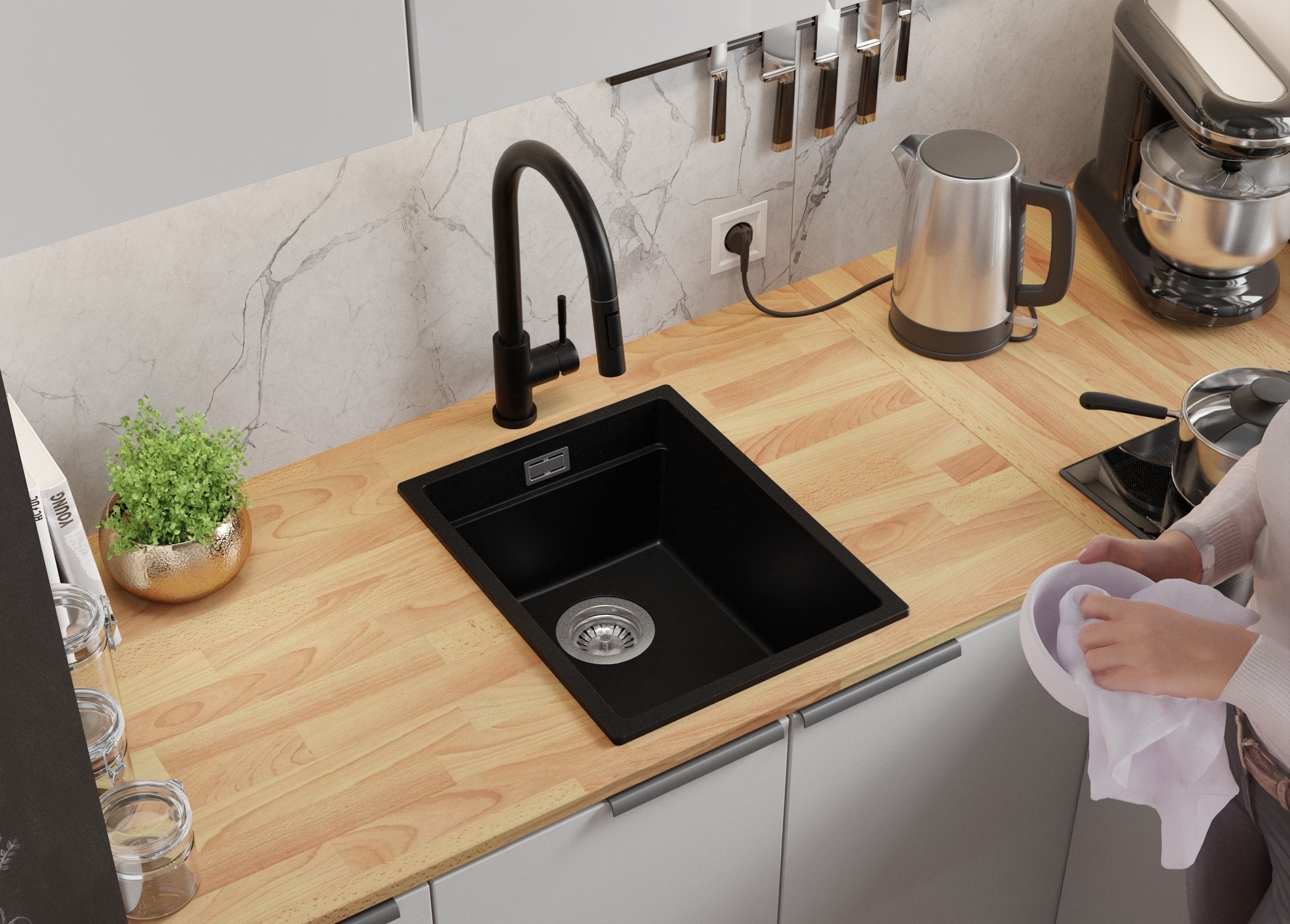 Lavandino da Cucina Nero 36x47cm, Lavello in Granito a 1 vasca + Sifone Classico + Accessori, Lavabo da Cucina Incasso al mobile 40cm PRIMAGRAN - 3