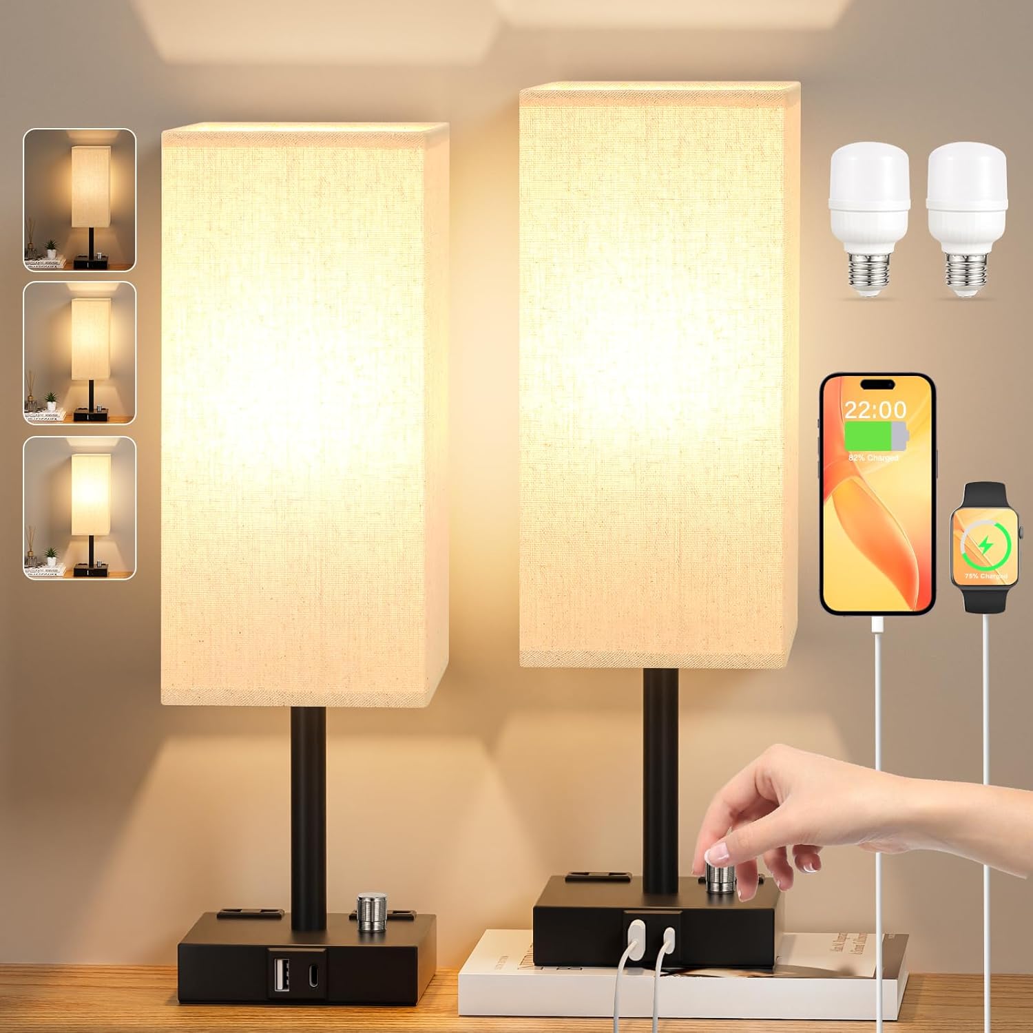 2-częściowa lampka nocna z gniazdem USB A+C i AC, obrotowym przełącznikiem, ściemniaczem, prosta lampa stołowa do sypialni, salonu, hotelu (w zestawie