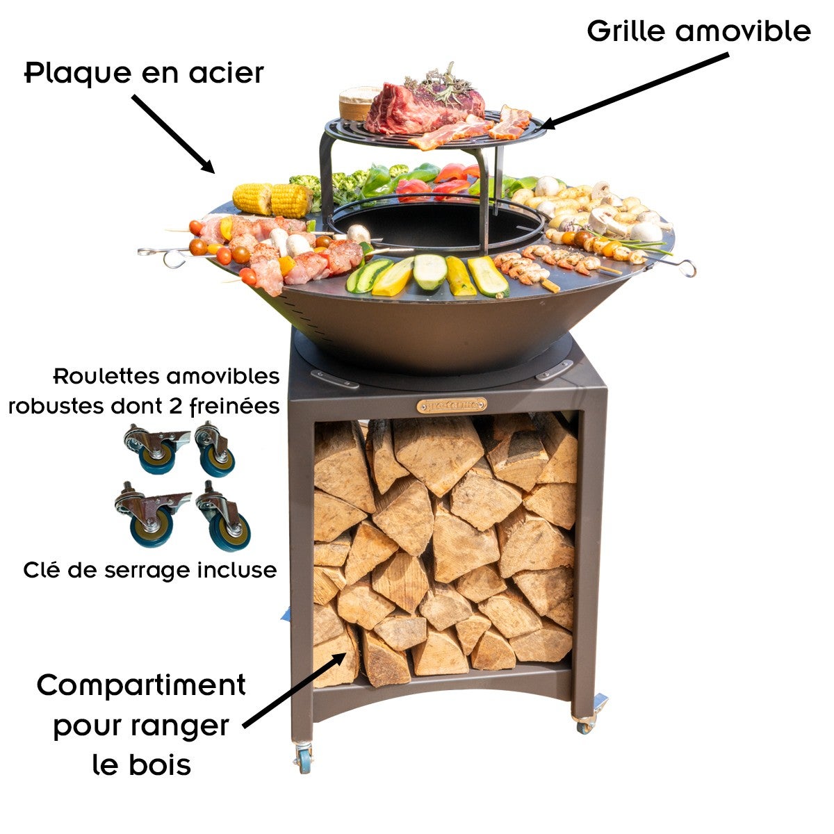 FIESTA Brasero haut avec plaque et grille amovible en acier barbecue plancha extérieur Ø 75 cm - 2