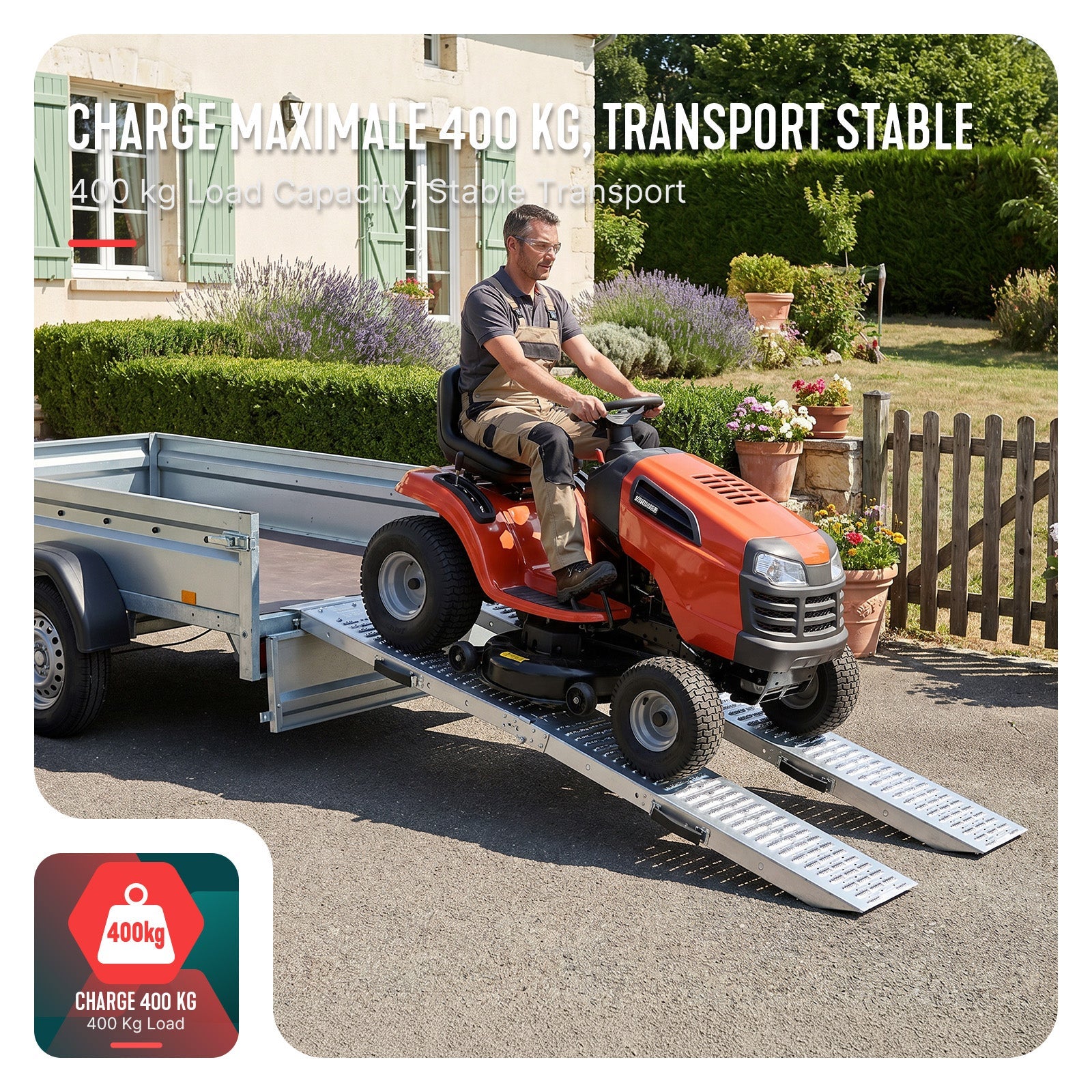 Lot de 2 Rampes de chargement pliable 160cm en acier galvanisé - 400kg max - Rampe d'accès antidérapante avec poignée - VOUNOT® - 4