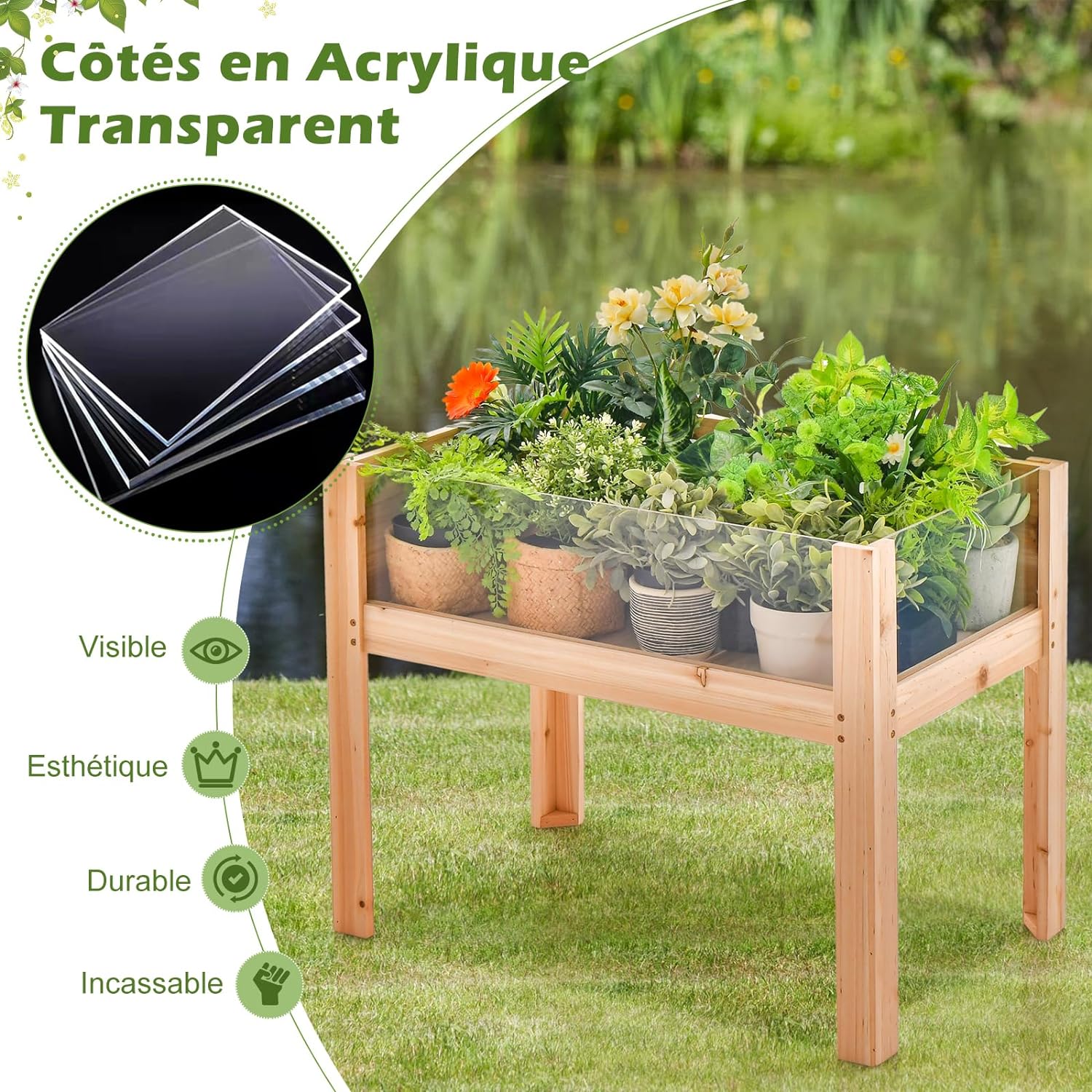 Carré Potager sur Pieds avec Panneau Acrylique, Lit de Jardin Surélevé en Bois, Trous de Drainage, Plates-Bandes Mobiles, 50L - 3