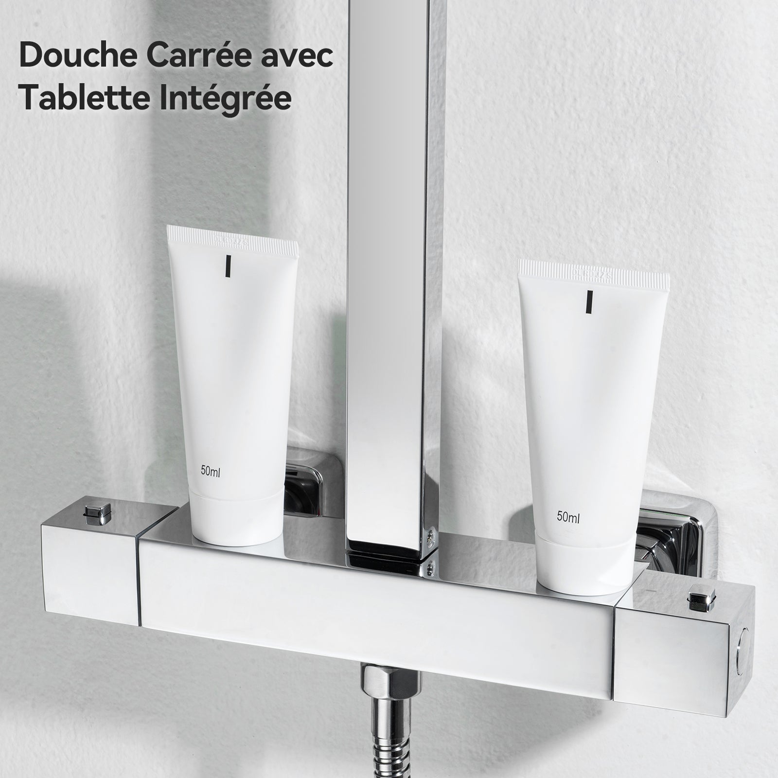 Columna ducha con mezclador termostático de latón,cabezal de ducha cuadrado 25x25 cm,barra acero inoxidable,altura regulable de 97 a 130 cm,cromado - 2