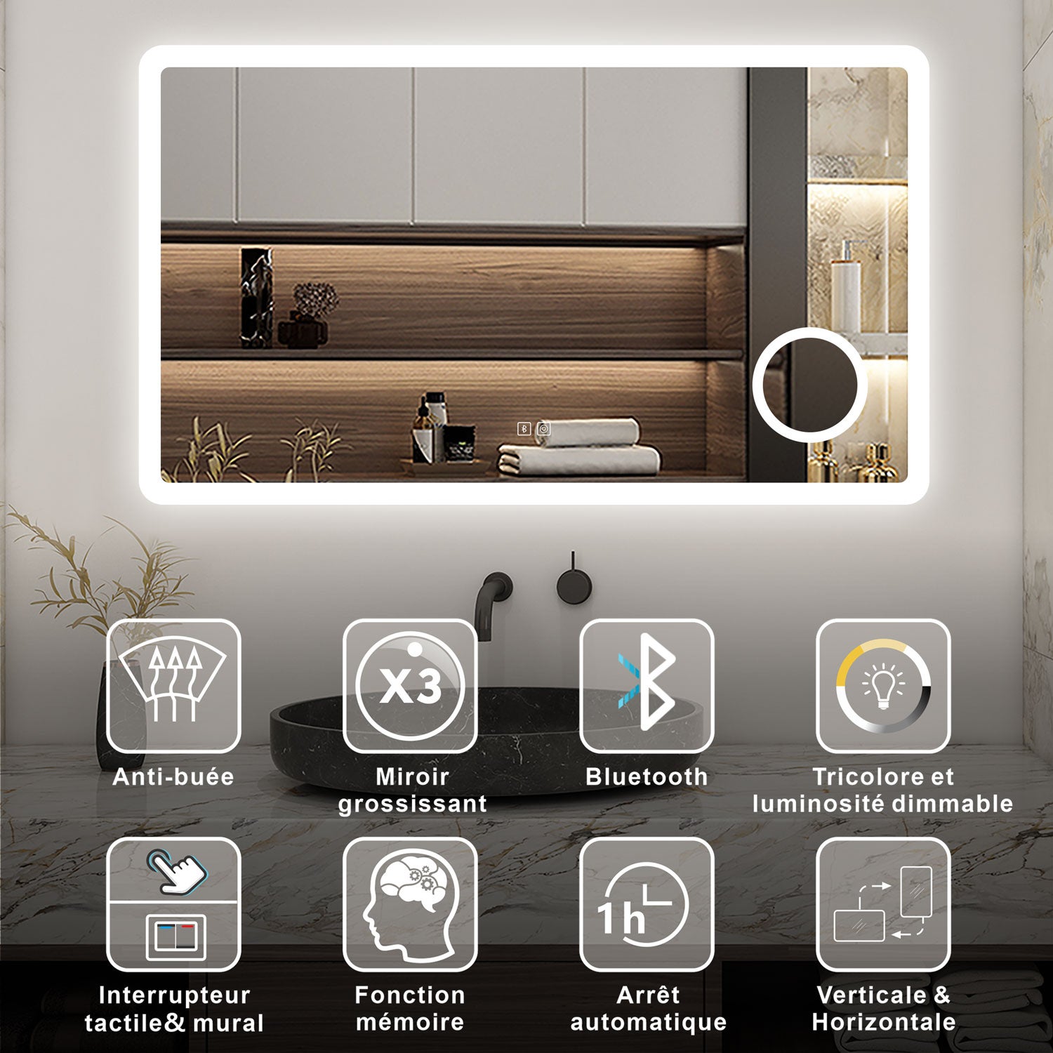 AICA Miroir lumineux rectangulaire 100 x 60cm, bluetooth + 3 couleurs + dimmable + grossissant + anti-buée + mémoire, miroir salle de bain mural - 2