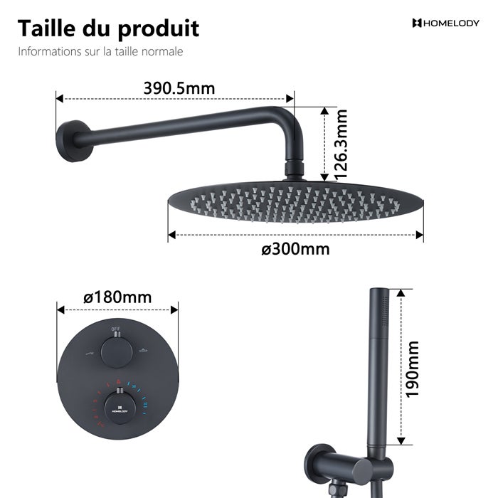 Encastré Ensemble de Douche Thermostatique Colonne de Douche Noir Système de douche Corps en Laiton HOMELODY - 5