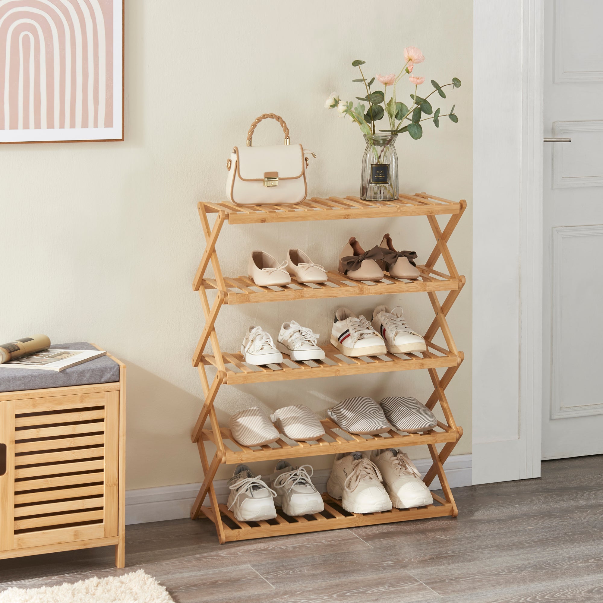 Zapatero plegable Fitzbek de 5 niveles para 10 pares bambú 89 x 67 x 26 ...