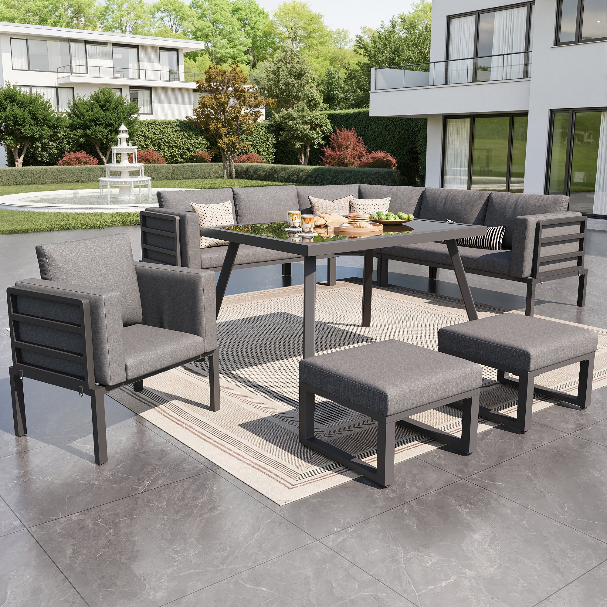 Salon de jardin en fer pour 8 personnes, canapé de jardin en forme de croissant, mobilier pour balcon et terrasse, avec coussins gris - 2