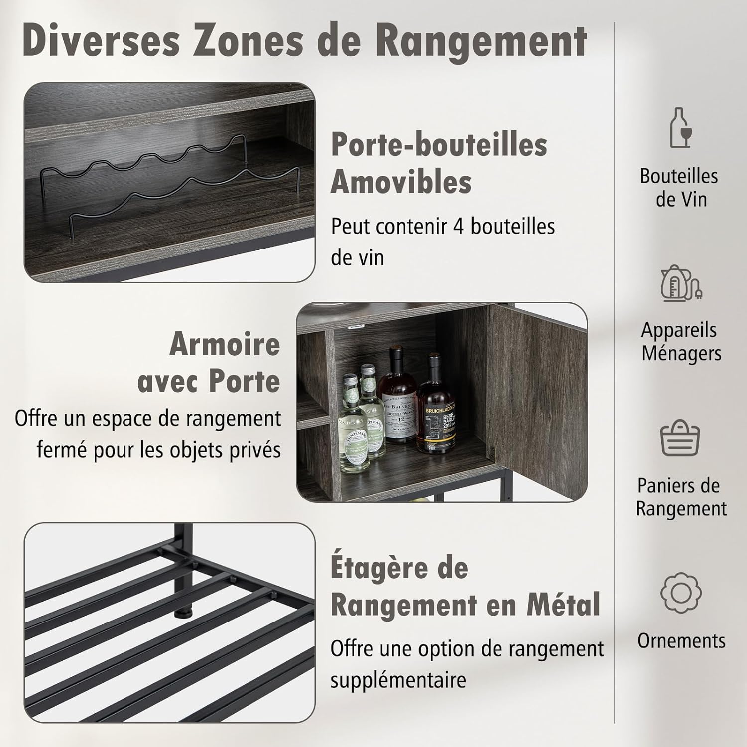 Credenza Buffet da Cucina, Mobile da Cucina con Portabottiglie e Mensole, per Sala da Pranzo, Soggiorno e Ingresso, 100 x 35 x 83 cm (Grigio) - 5