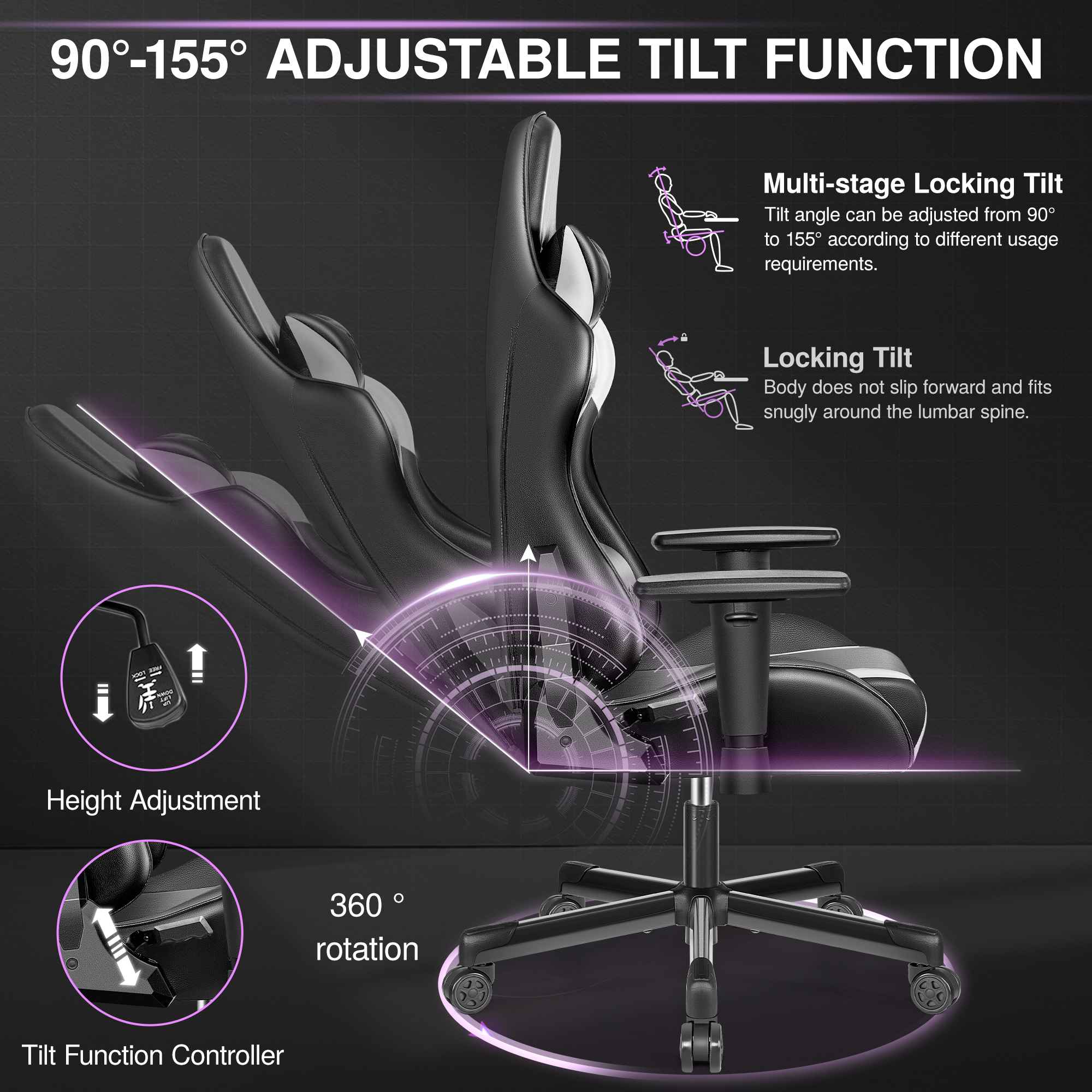 Chaise Gaming Ergonomique Noir et Blanc, Dossier Réglable 90°-155°, Assise à Ressorts, Revêtement PU Imperméable, Soutien Complet - 5