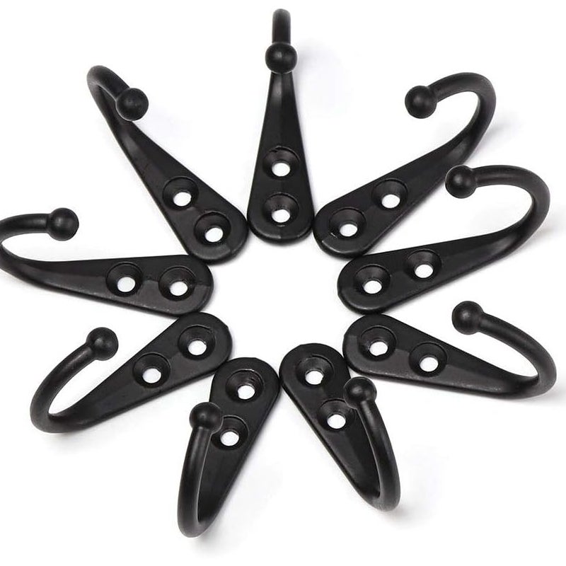 Zestaw 10 czarnych haczyków ściennych ze śrubami montażowymi.