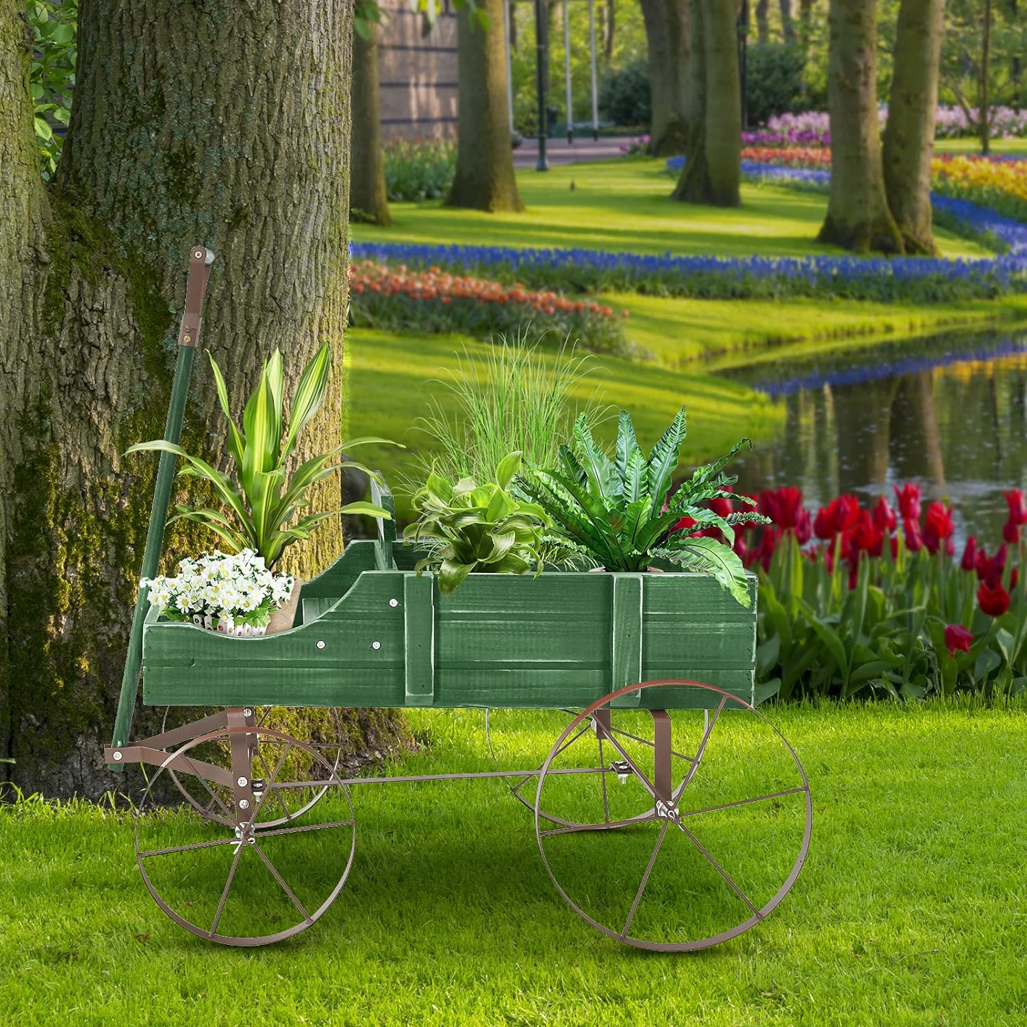 Jardinière Forme Brouette Chariot Décoratif en Bois avec Bac de Plantation pour Jardinières,Jusqu’à 15kg 35×62,5×60cm (Vert) - 8