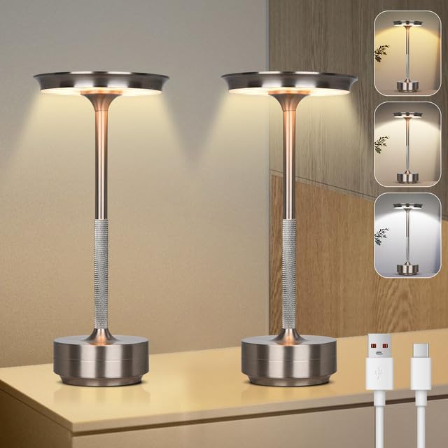 Bezprzewodowa lampa stołowa LED, akumulatorowa lampa stołowa z 3 temperaturami barwowymi, oświetlenie wewnętrzne/zewnętrzne, srebrna