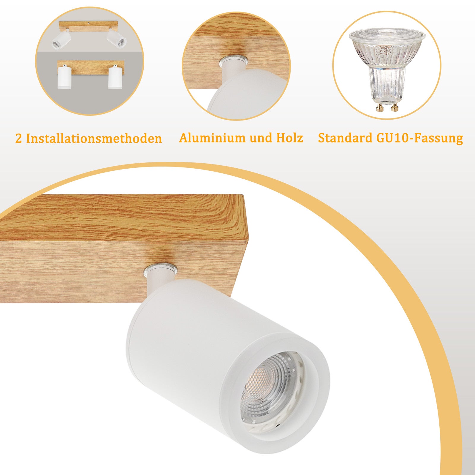 NETTLIFE Foco de techo blanco GU10 Foco de pared de madera vintage giratorio sin bombilla orientable 350° industrial - 5