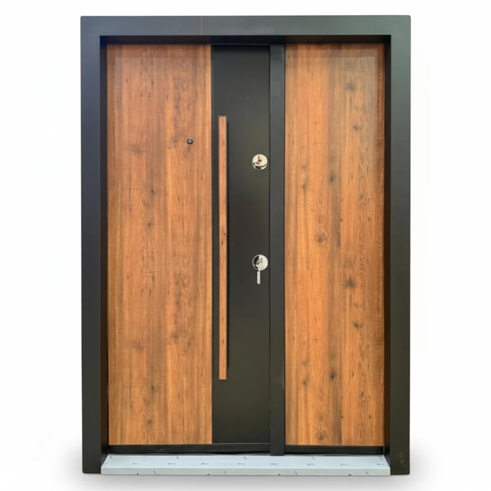 Usa metalica dubla de exterior cu izolatie Novo Doors NDA4D, Compozit, Pentru case, Deschidere Stanga, 200x140 cm, Negru perlat cu stejar auriu