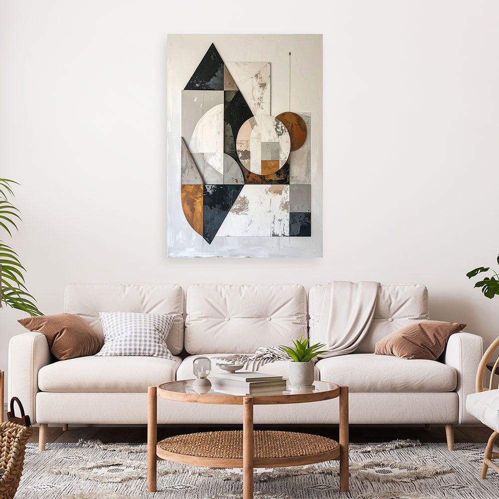Obraz do salonu sypialni biura, Abstrakcja geometryczna w bieli szarości beżu i złocie 40x60 - 2