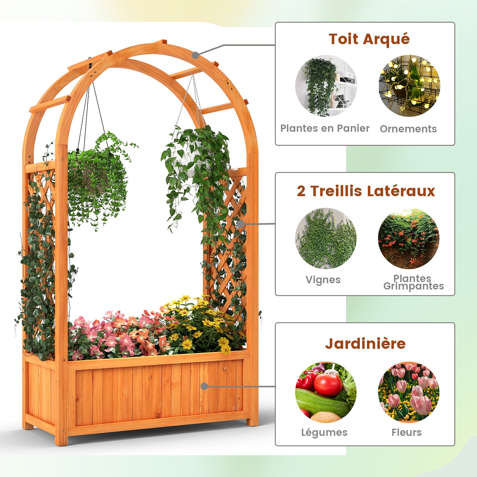 Jardinière Élevée avec Treillis en Arc, Bac à Plantes en Bois avec Doublure et Système de Drainage pour Vignes, Rampantes, Fleurs, Légumes - 5