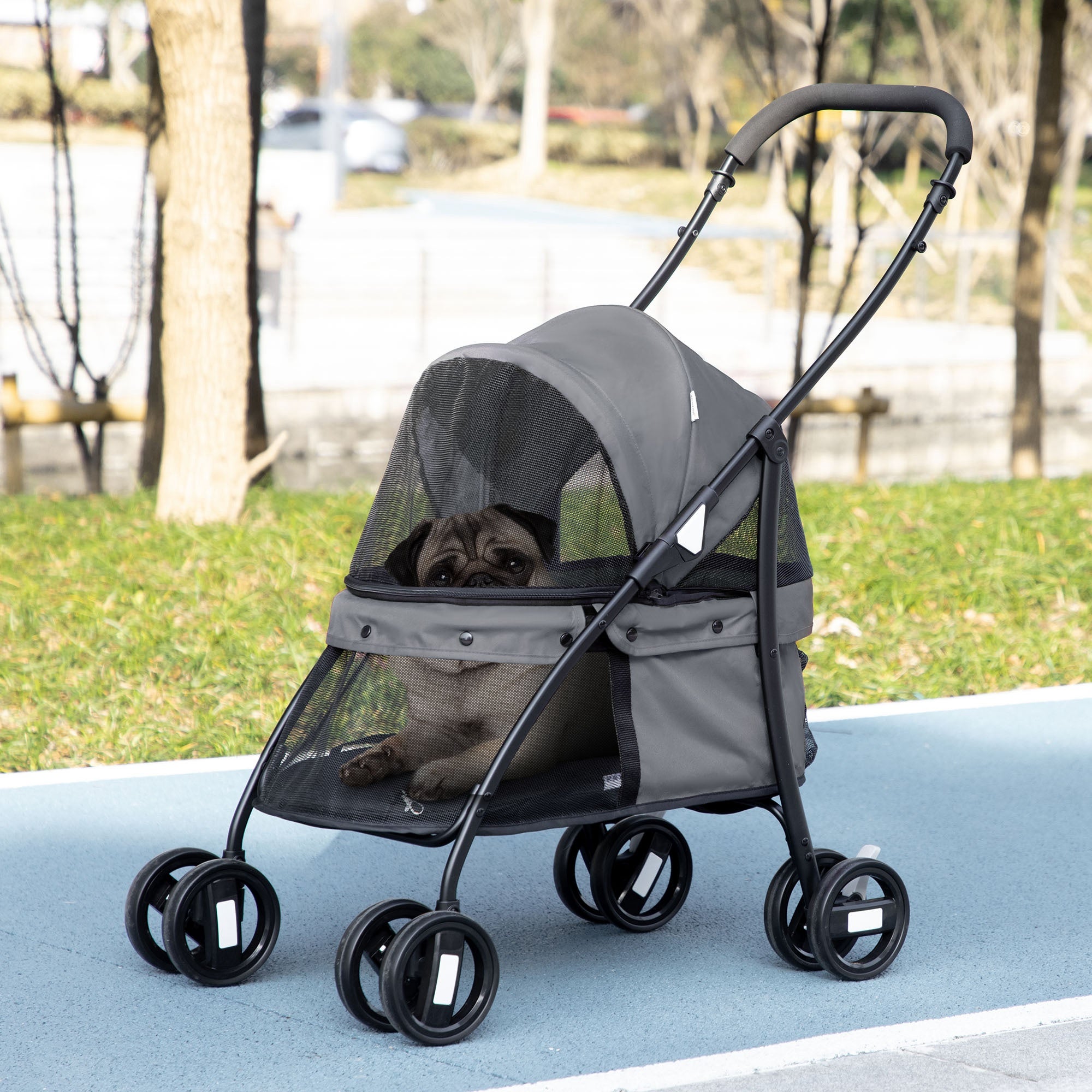 Carrinho cão dobrável teto ajustável bolsa 2 guias 82x47x97cm cinza - 4
