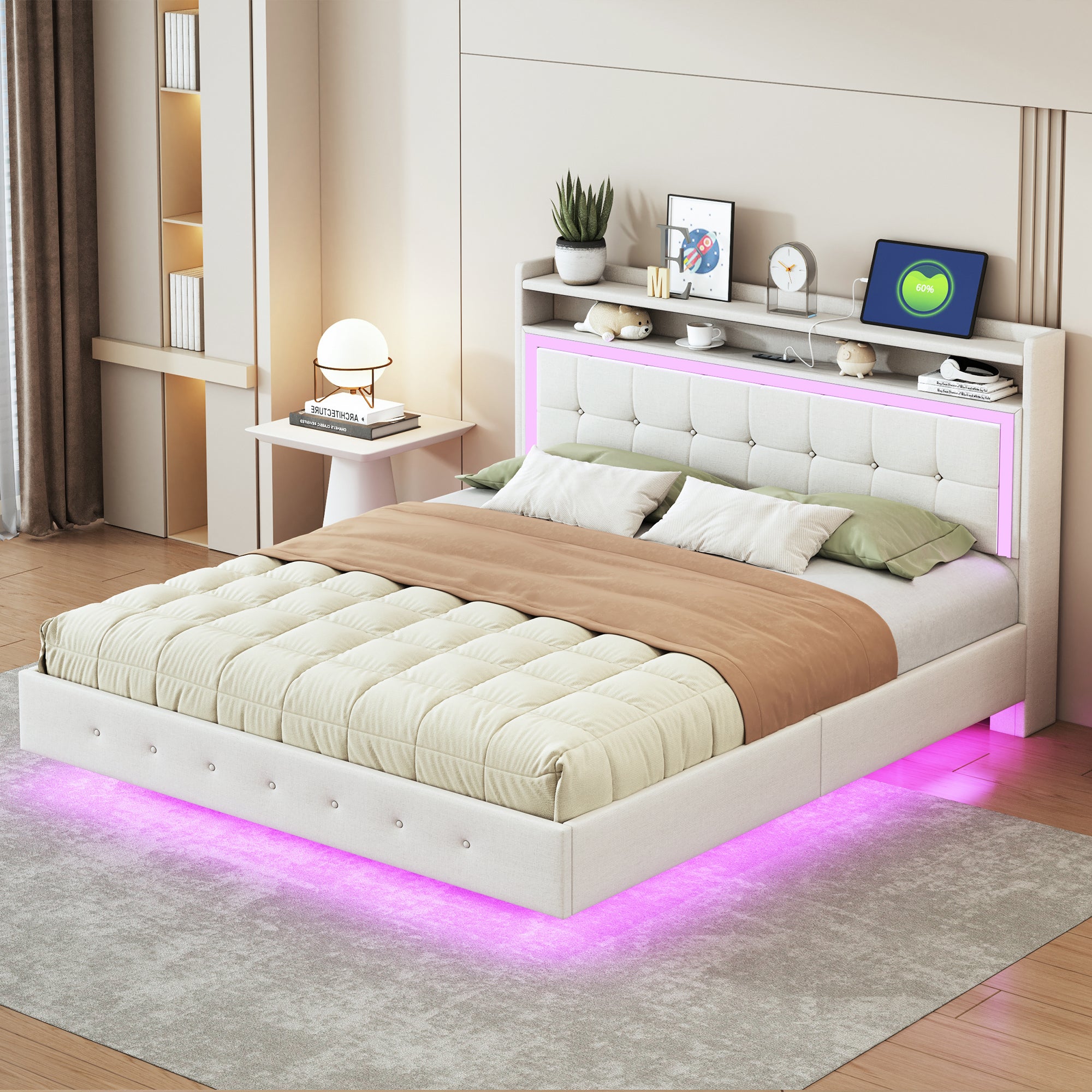 Letto Matrimoniale 160x200 Con Testiera In Lino Beige, Luci LED USB E Contenitore Idraulico – Struttura In Legno E Metallo (Senza Materasso)