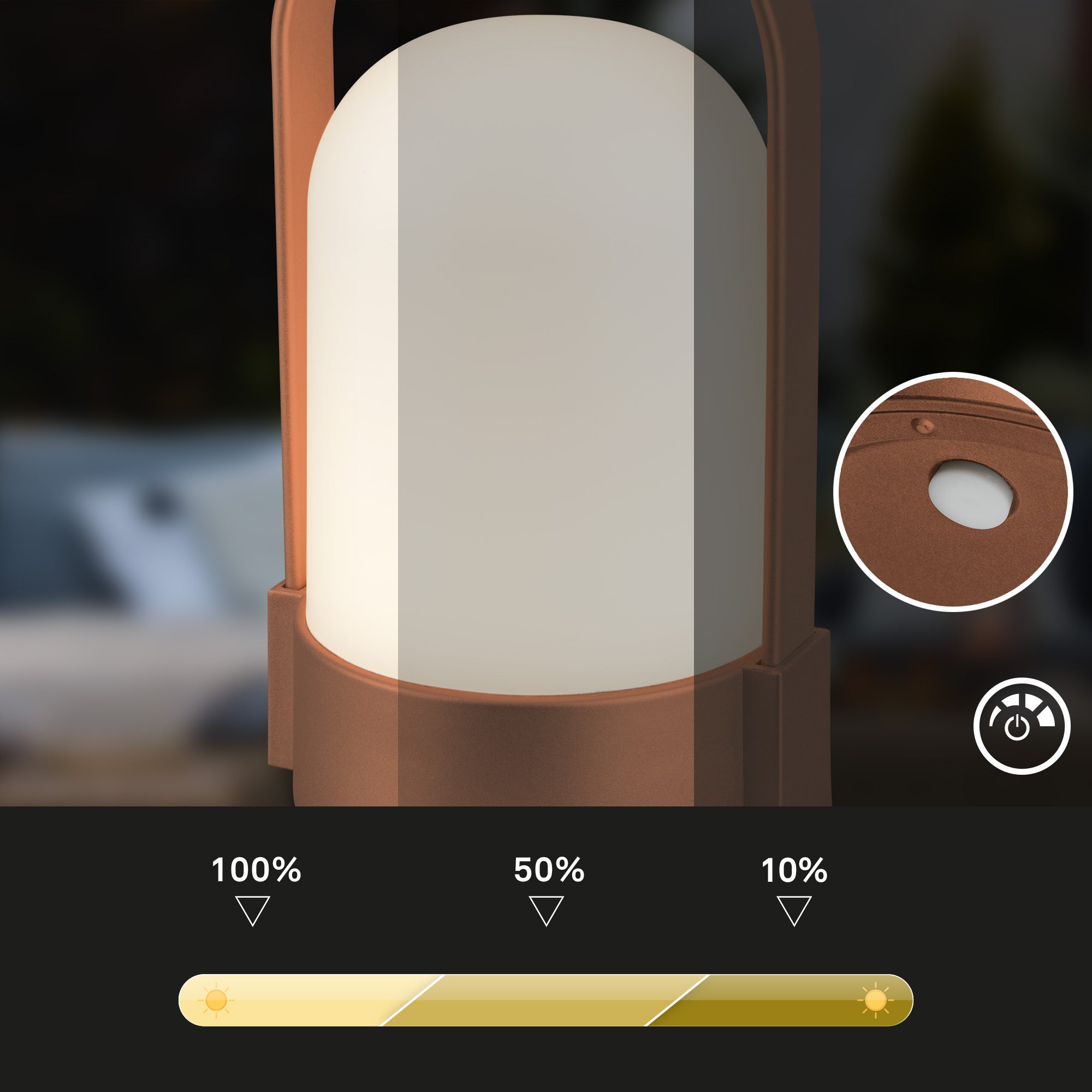 Lampe LED rechargeable avec variateur tactile - niveaux, USB-C, LED 1W 70lm, lumière chaude 3.000K, IP44, 90x80x155mm, portable - Briloner - 3
