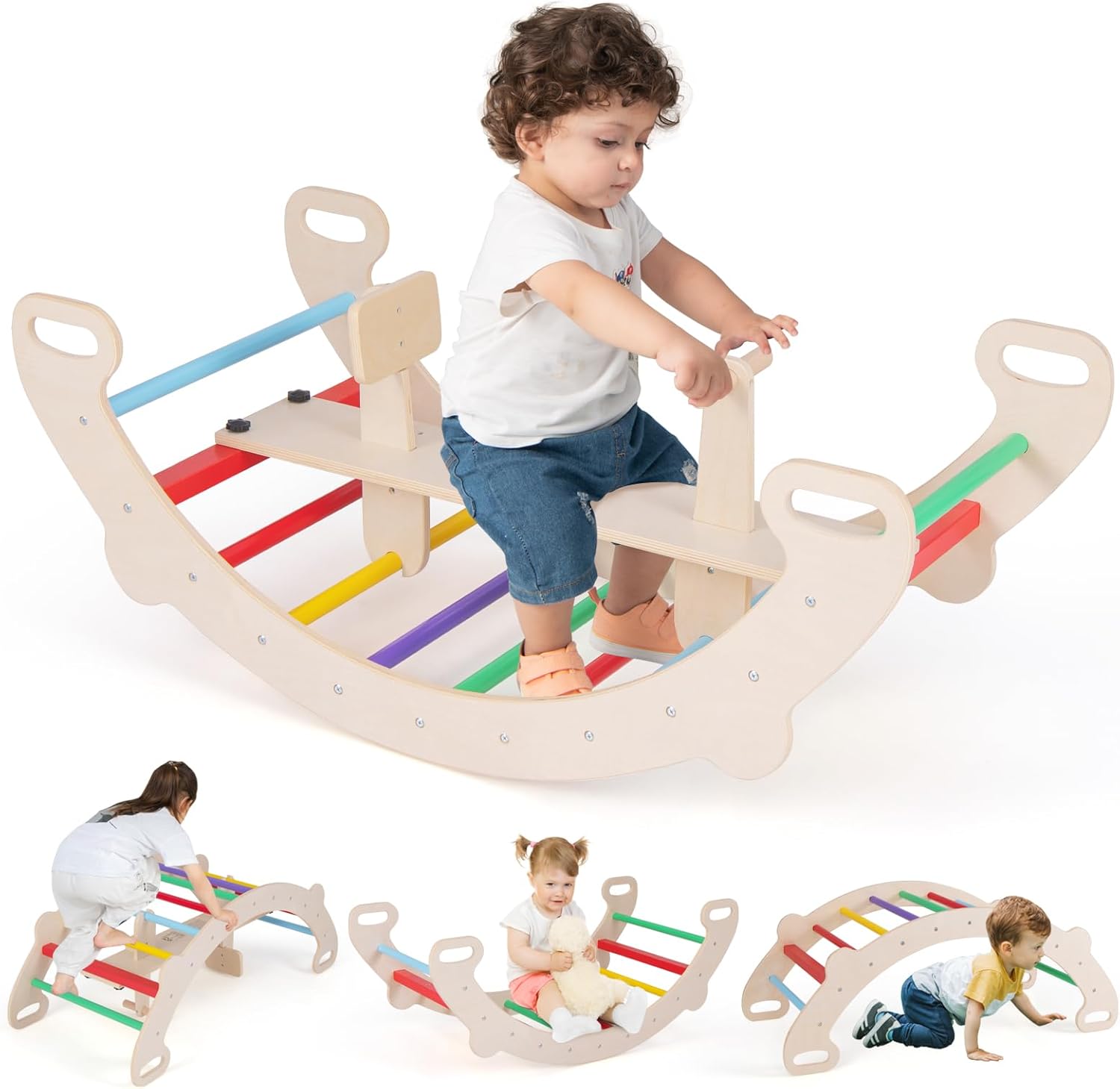 4 w 1 Montessori Dziecięca Drabinka Wspinaczkowa, Drewniany Konik na Biegunach, Zdejmowane Siedzisko, Uchwyt i Oparcie, dla Dzieci w Wieku 1-5 lat