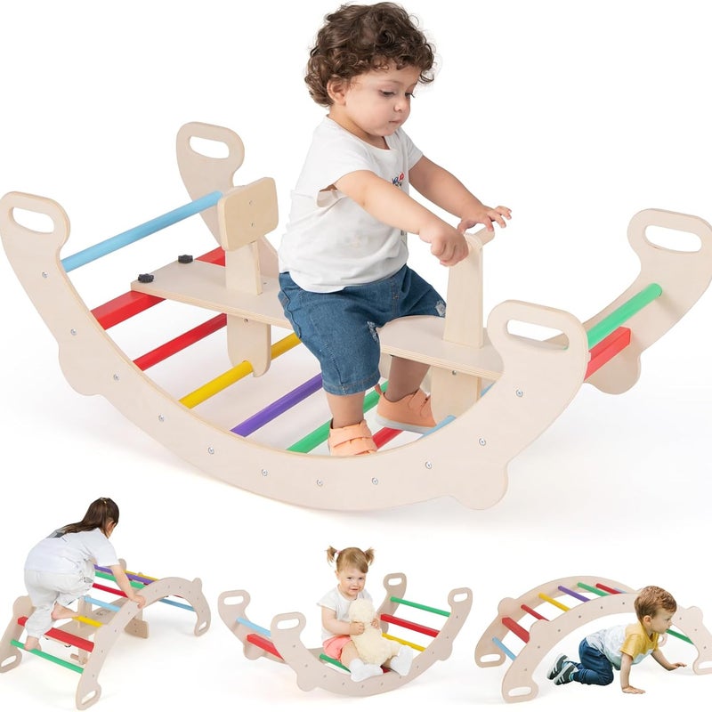 4 w 1 Montessori Dziecięca Drabinka Wspinaczkowa, Drewniany Konik na Biegunach, Zdejmowane Siedzisko, Uchwyt i Oparcie, dla Dzieci w Wieku 1-5 lat