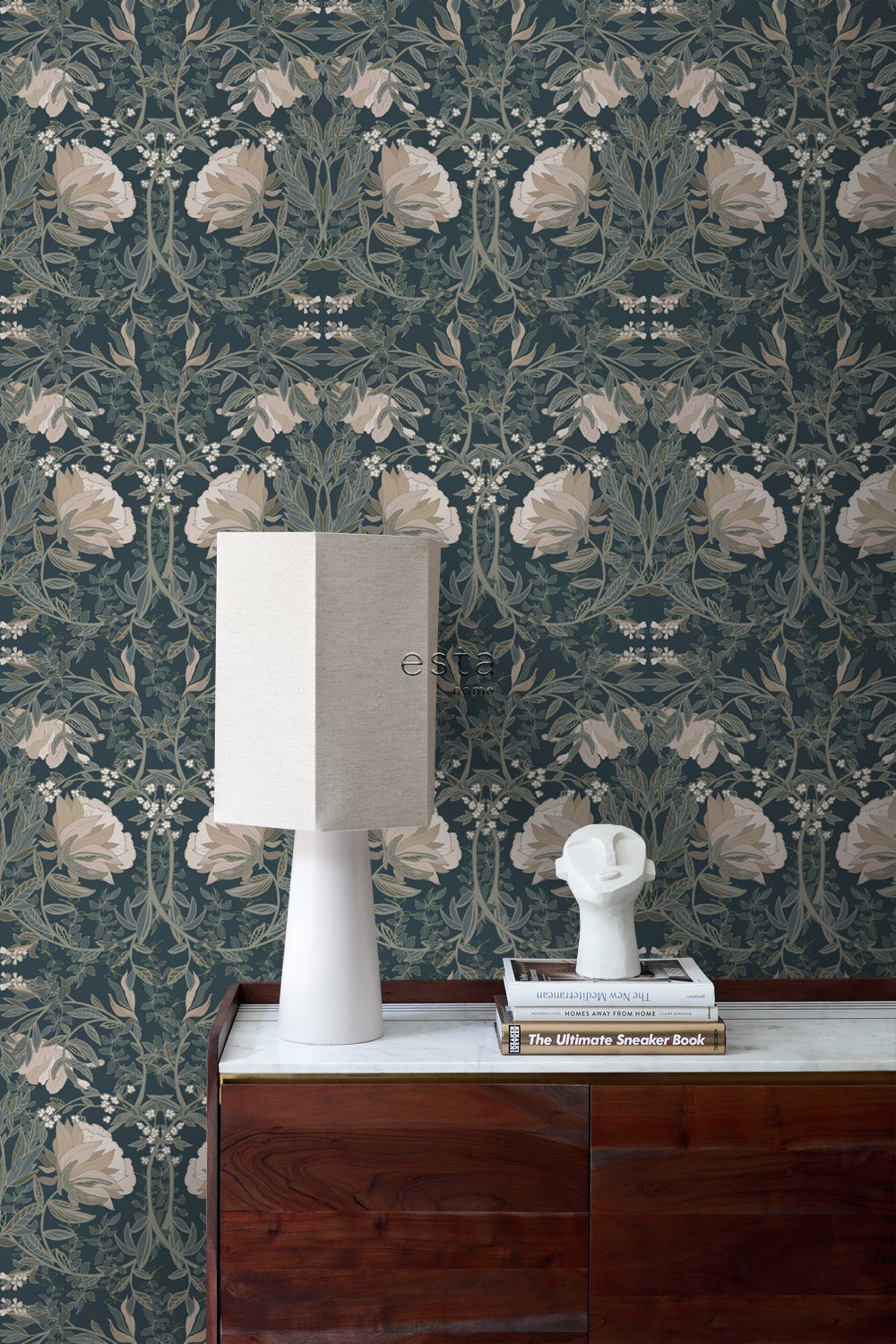 Papier peint fleurs vintage de style art nouveau bleu foncé - 53 cm x 10.05 m - ESTAhome - 3