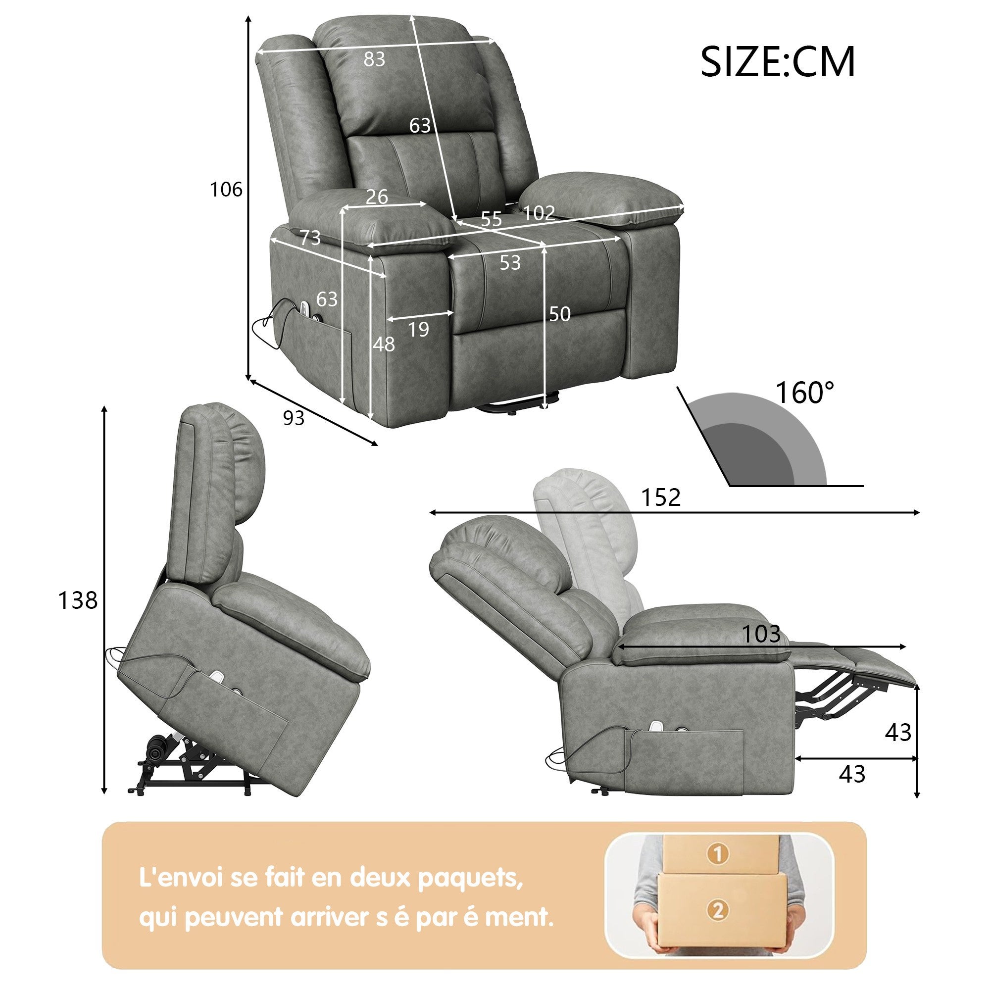 Fauteuil Électrique Releveur et Inclinable avec Fonction Massage - Chauffant 8 Points, Ports USB - Pour Seniors et Dégaine - Gris - 4