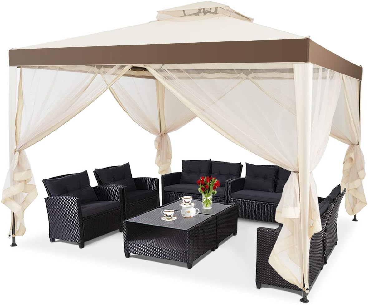 Altana ogrodowa 3x3 m z poliestru z ochroną UV, namiot na przyjęcia z podwójnym dachem, z 4 ściankami z siatki przeciw komarom na zamek, beżowy