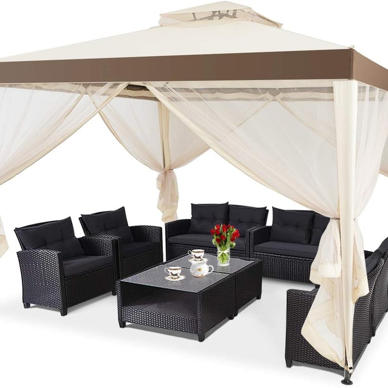 Altana ogrodowa 3x3 m z poliestru z ochroną UV, namiot na przyjęcia z podwójnym dachem, z 4 ściankami z siatki przeciw komarom na zamek, beżowy