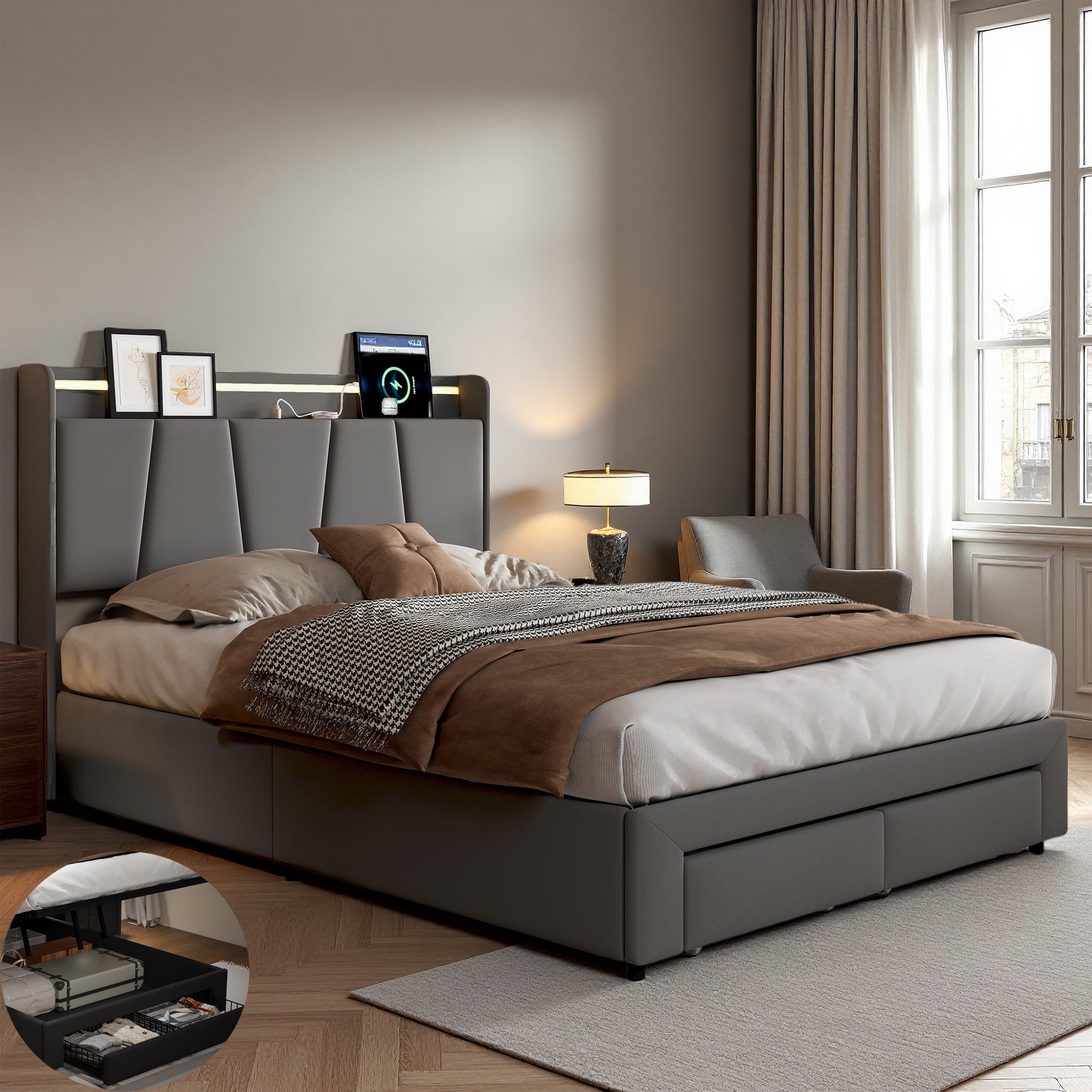 Lit coffre 140x190 cm avec LED et 2 tiroirs, cadre de lit double 140x190 cm avec sommier à lattes, lit adulte, tissu en lin, 140x190 cm, gris - 2