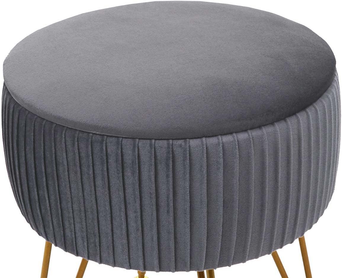 Tabouret avec compartiment de rangement Ø 33cm aspect velours gris clair cadre or TABO04012 - 3