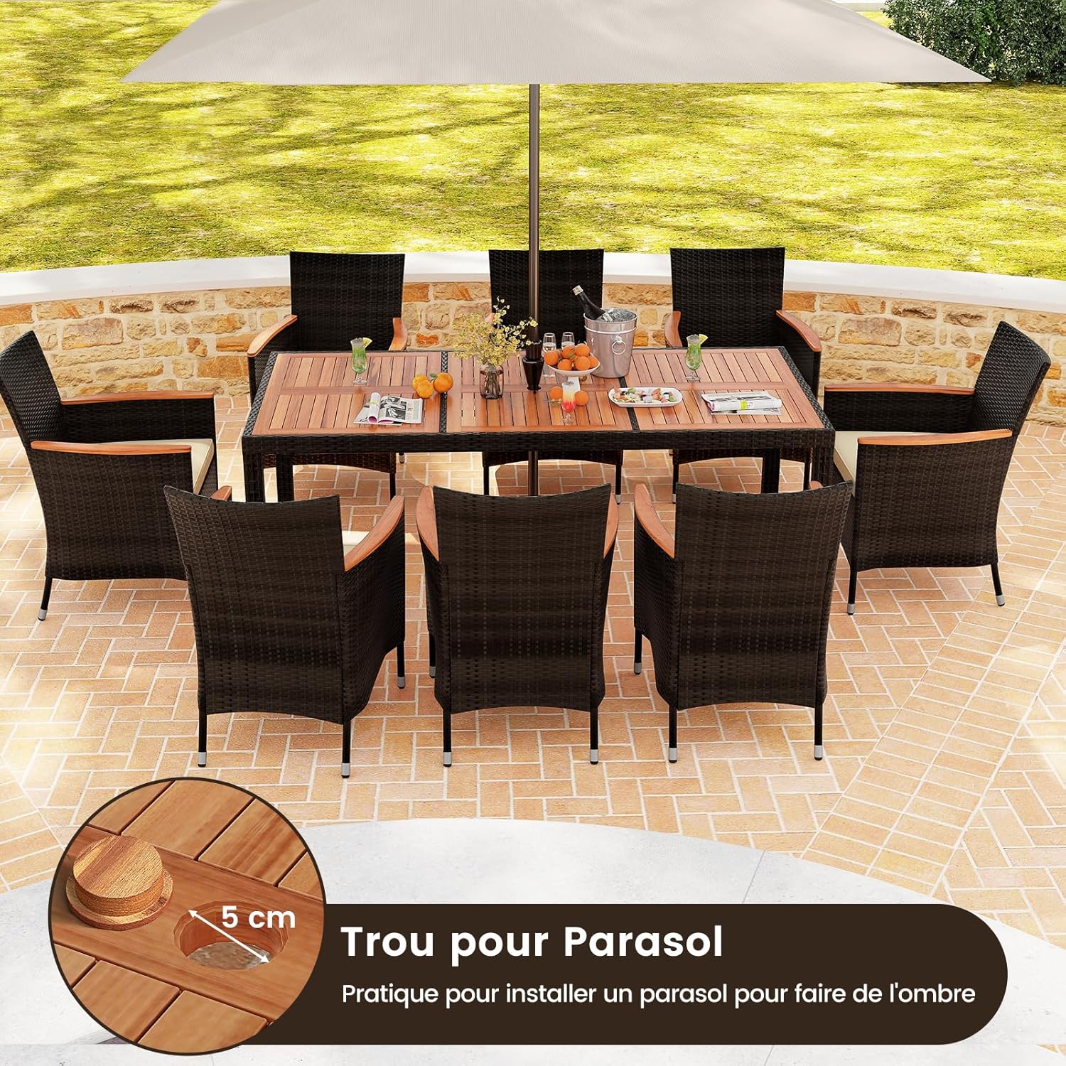 Conjunto de 1 mesa e 8 cadeiras empilháveis, com orifício para guarda-sol, conjunto de móveis de jardim em rattan com braços largos, - 3