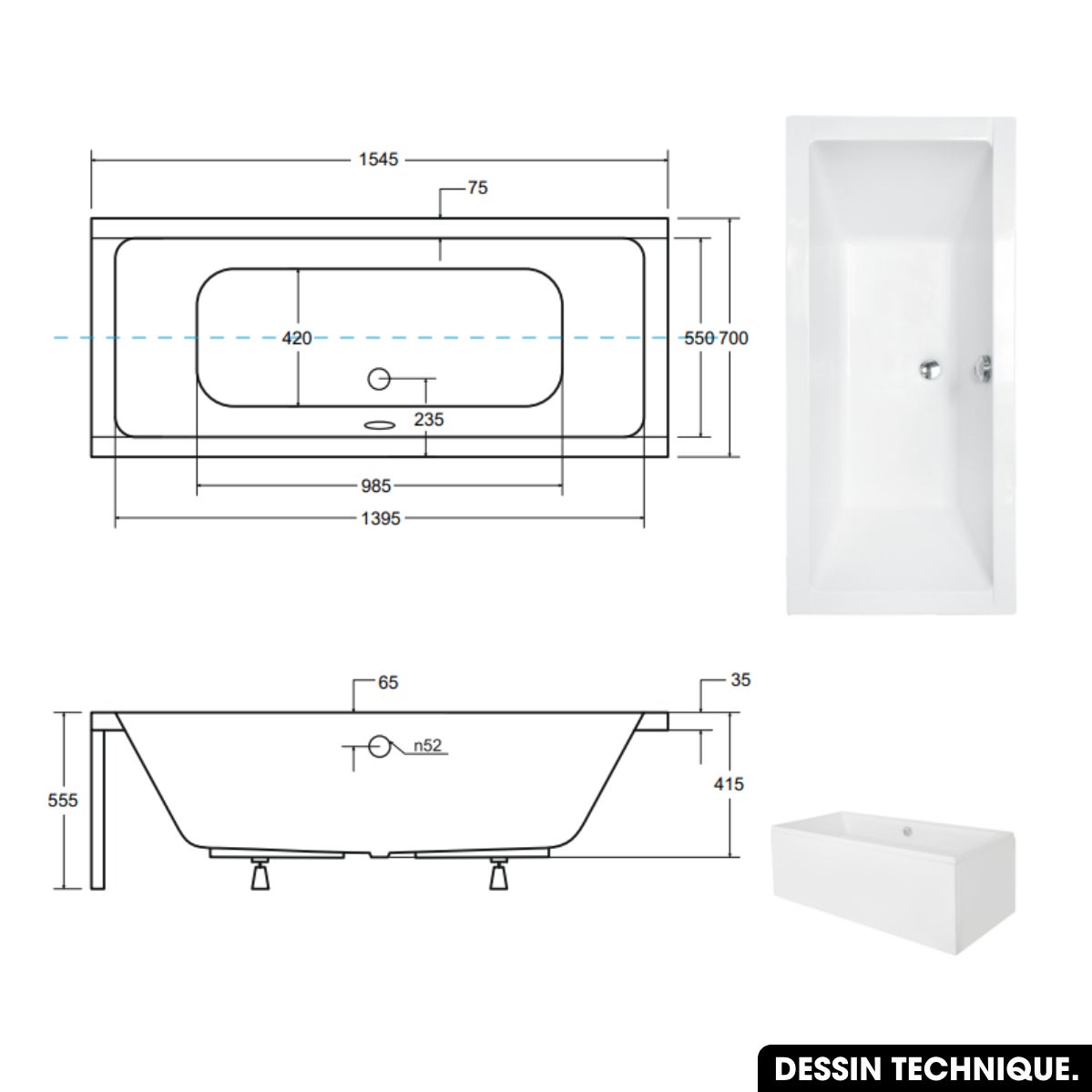 Baignoire rectangulaire - avec Tablier Blanc et Repose Tête OFFERT | QUADRO | 155x70 - 5