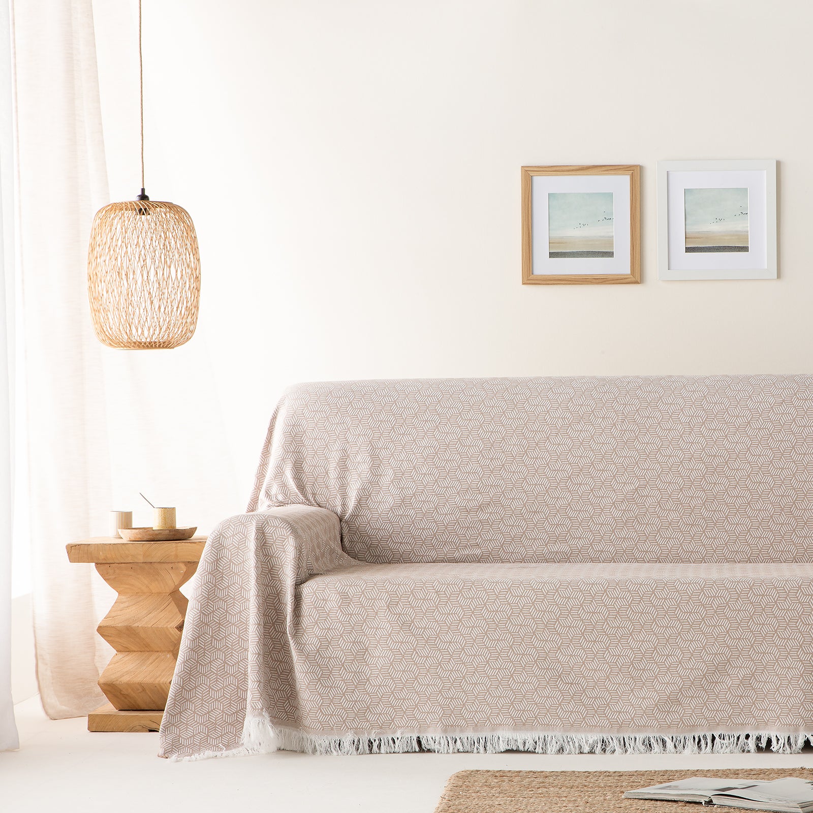 Plaid couvre-lit polyvalent, jeté de canapé Géométrique coton 140x180cm coloris Beige - 2
