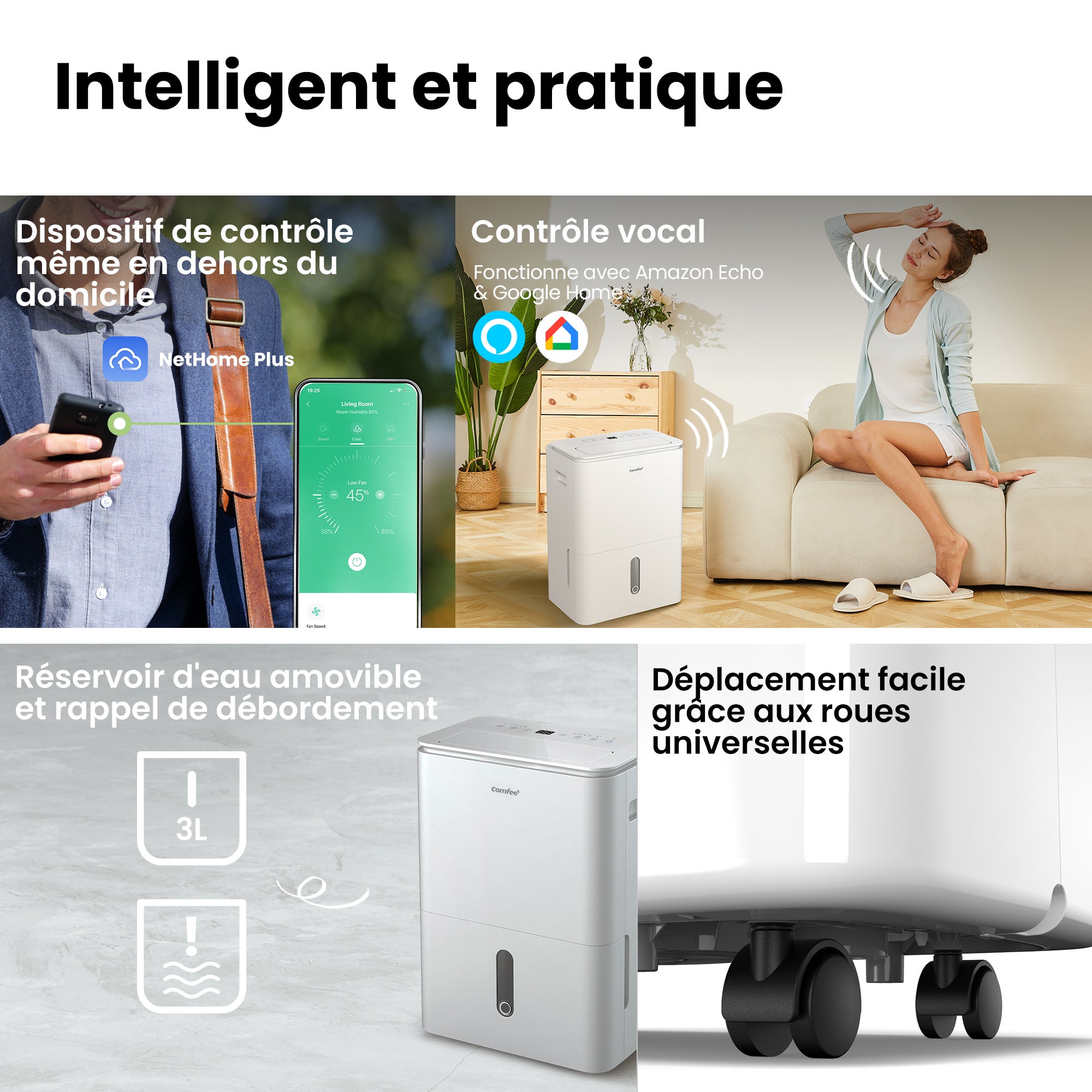 COMFEE' Déshumidificateur, Elimine l'humidité jusqu'à 20L/Jour, 2-EN-1, Purification d'air avec ioniseur, Contrôle APP, 4 Modes, Fonction Air Swing - 3