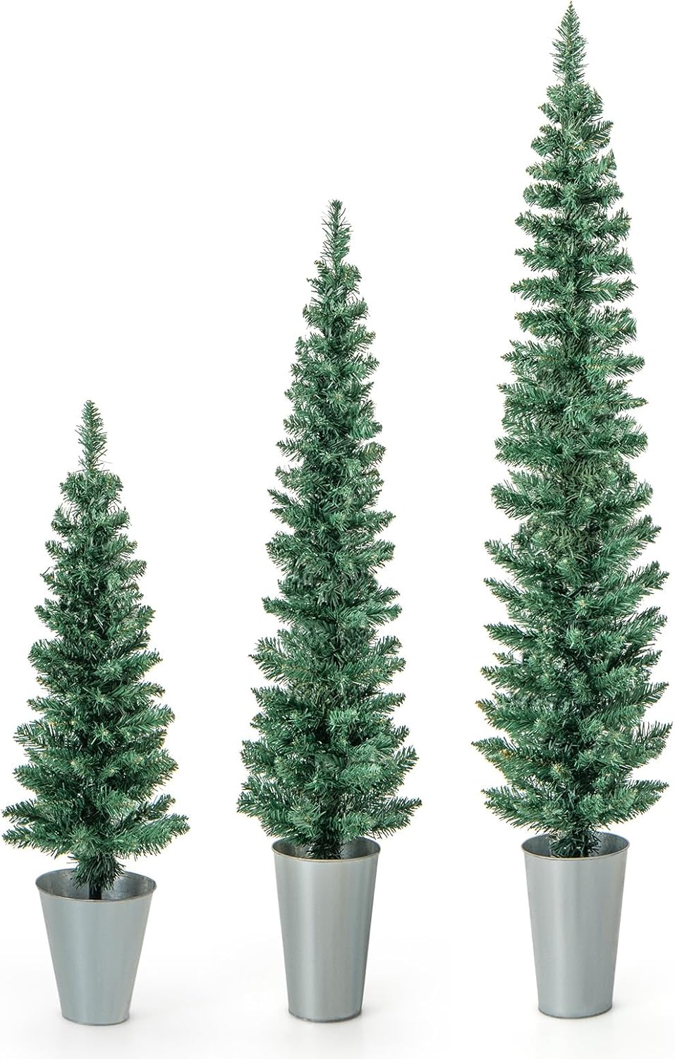 Zestaw 3 Sztucznych Choinek w Doniczkach o Wysokości 90/120/150 cm, Małe Choinki z Metalowej Srebrnej Blachy, Świąteczne Dekoracje (Zielone)
