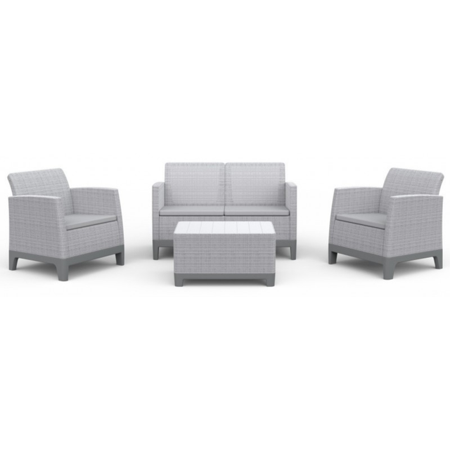Ensemble de salon de jardin « Roselune » avec 2 fauteuils, un canapé et une table de rangement, couleur gris clair.