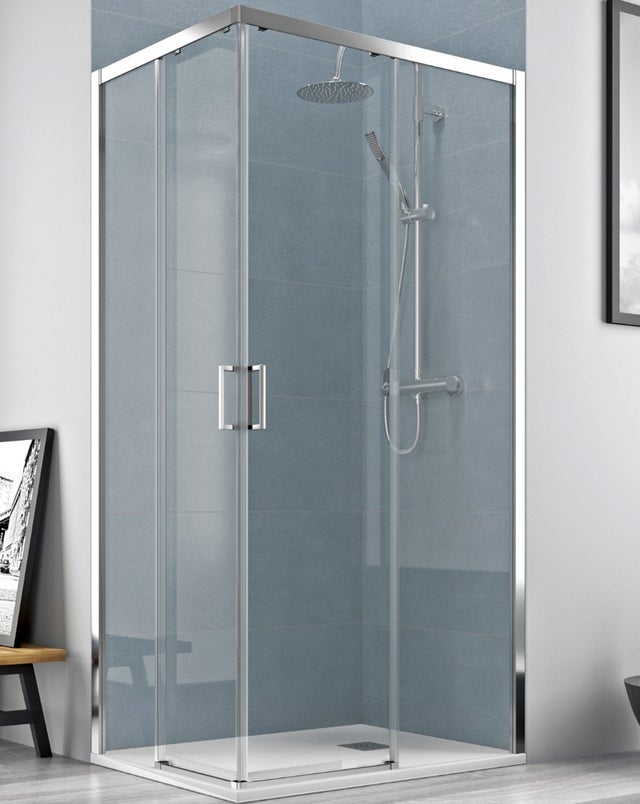 Mampara Ducha Rectangular Angular Corredera 2 Puertas 2 Fijos | Cristal 5mm Antical | Perfil Cromo 70cm (Adaptable 68-70cm) X 90cm