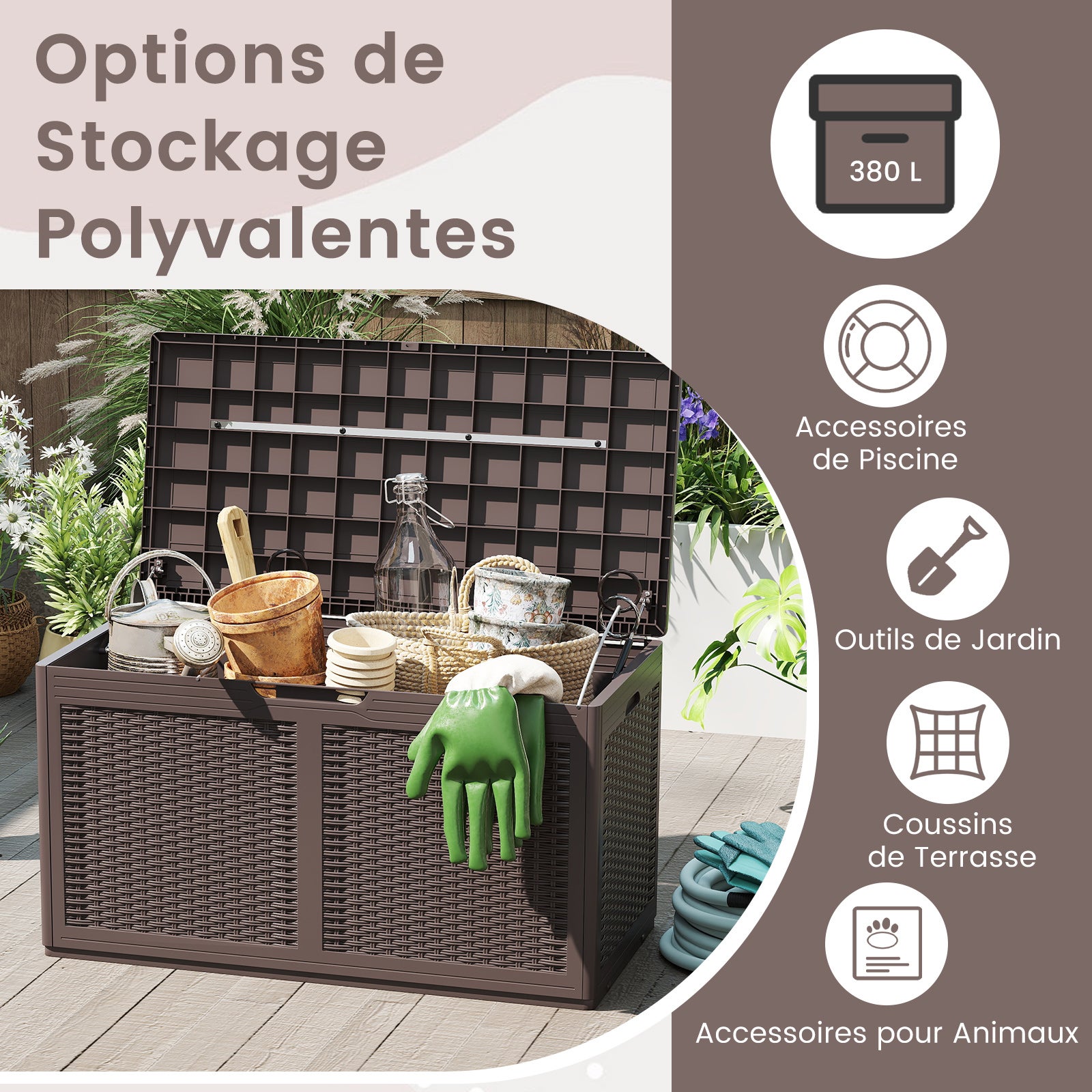 Coffre de Terrasse en Résine 380 L, Banc de Rangement Étanche d'Extérieur avec Couvercle Verrouillable et Roues pour Outils de Jardin, Marron - 6