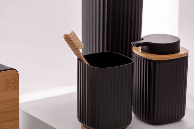 Bicchiere Portaspazzolini WENKO - In Plastica E Bambù, Design Rigato, Bianco/Naturale - Foto 7