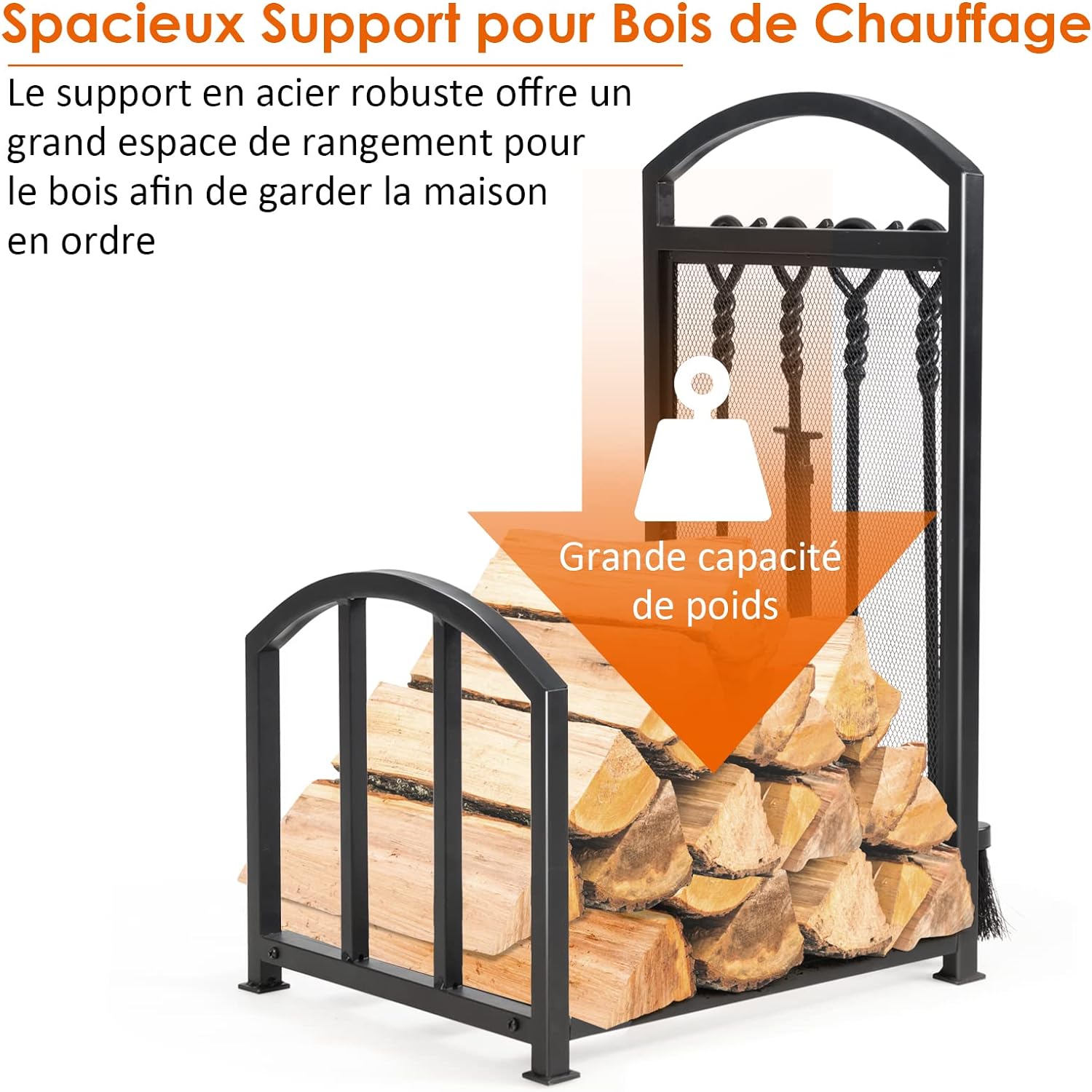 Range Buches Cheminée en Métal, Base Surélevée et Pieds Réglables, Porte-Bûches avec Motifs d’Élan, 46X34X45 CM - 6