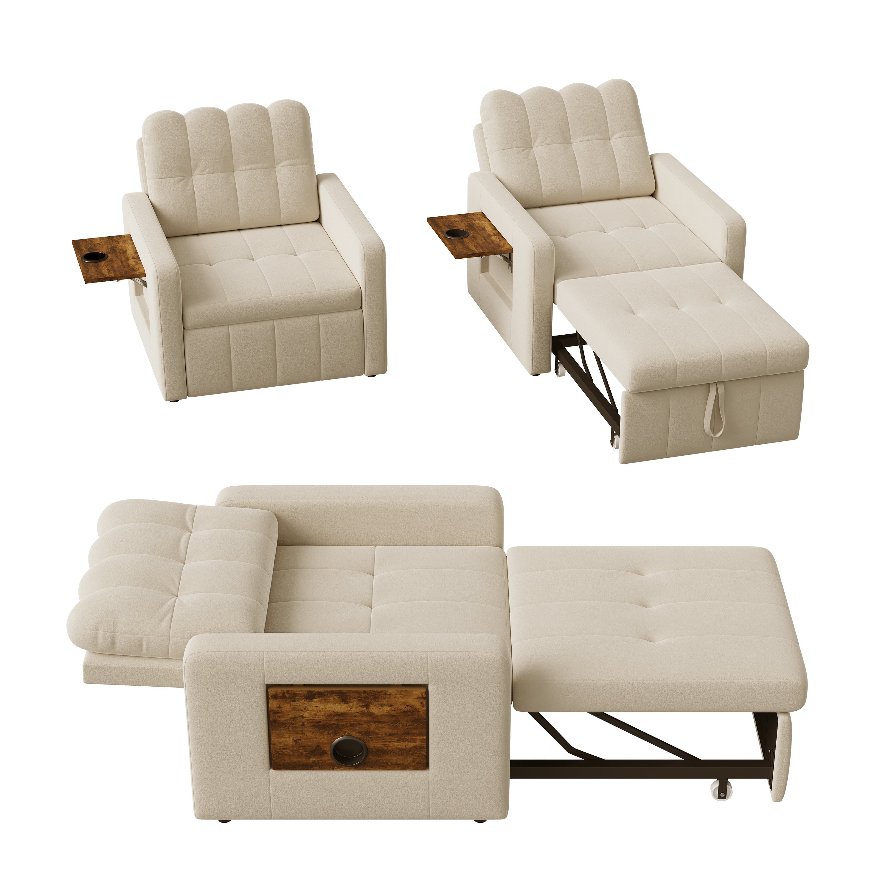 Canapé-lit 1 place pliant - fauteuil - dossier réglable, avec table d'appoint rabattable et poches latérales, tissu chenille - beige - 9