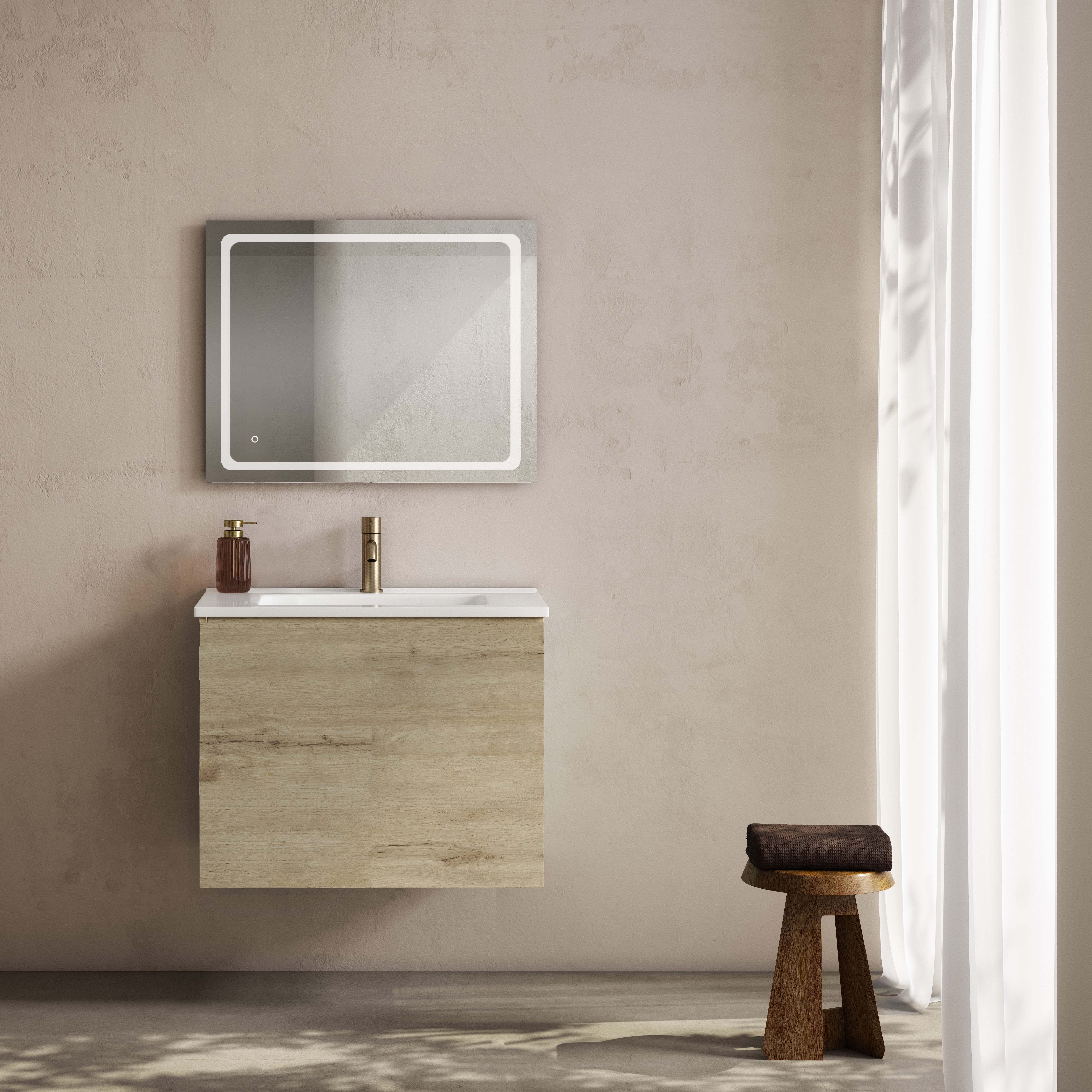 Conjunto 80 mueble lluna roble + lavabo + espejo retroiluminado frontal