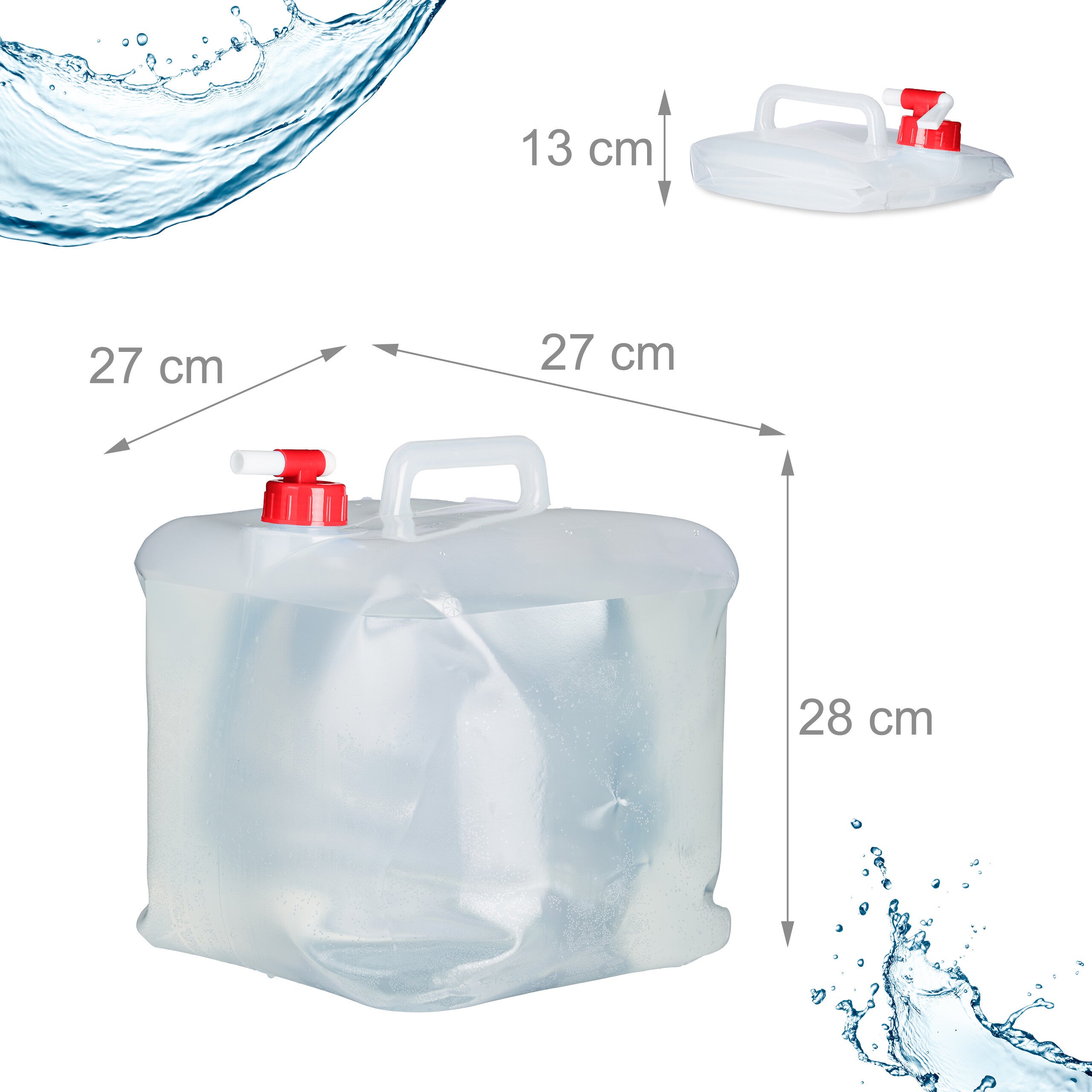 Conjunto de 4 bidões dobráveis, torneira, tampa rosca, pega, depósito água, sem BPA, transparente/vermelho, Relaxdays - 4