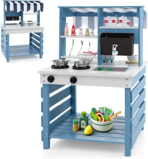 Cuisine Extérieure En Bois Pour Enfants Avec Auvent, évier, Outils De Jardinage Et Pot De Fleurs