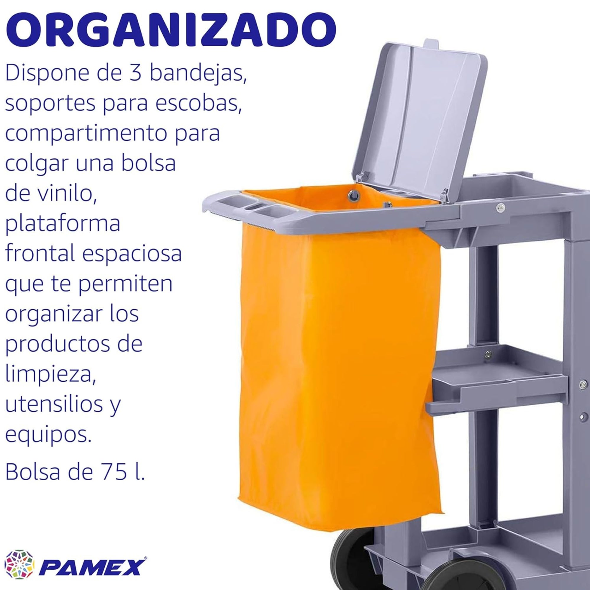 Carro de Limpieza Profesional Plástico con Tres bandejas con Saco de Vinilo de 100 Lt. más tapadera. Medidas 120x52x96 cm. (L x F x A). PAMEX® - 6