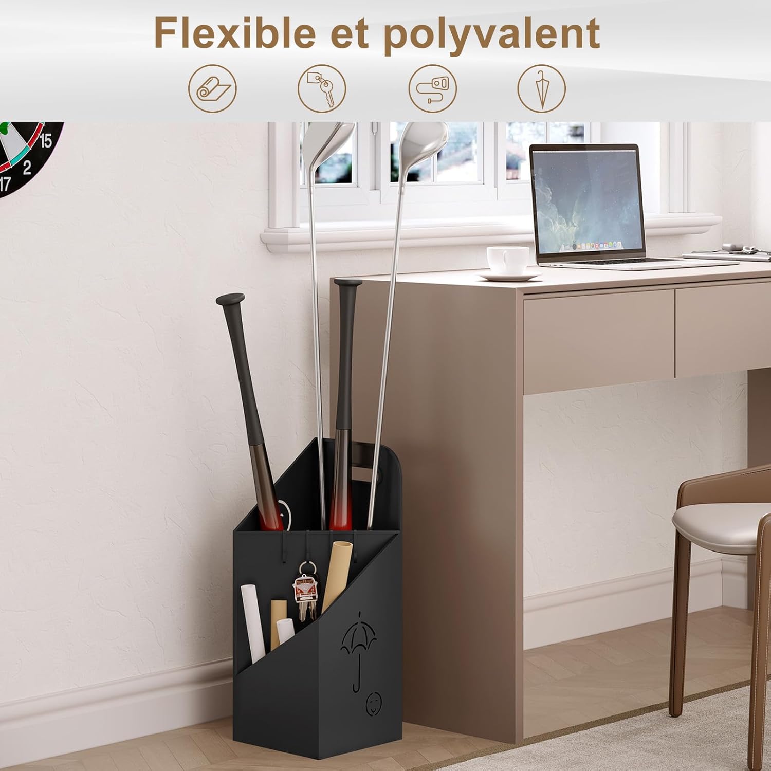 Porte-Parapluie avec 4 Crochets WOLTU, Porte-Parapluie avec 2 Zones Séparées en Métal Antirouille, Noir - 5